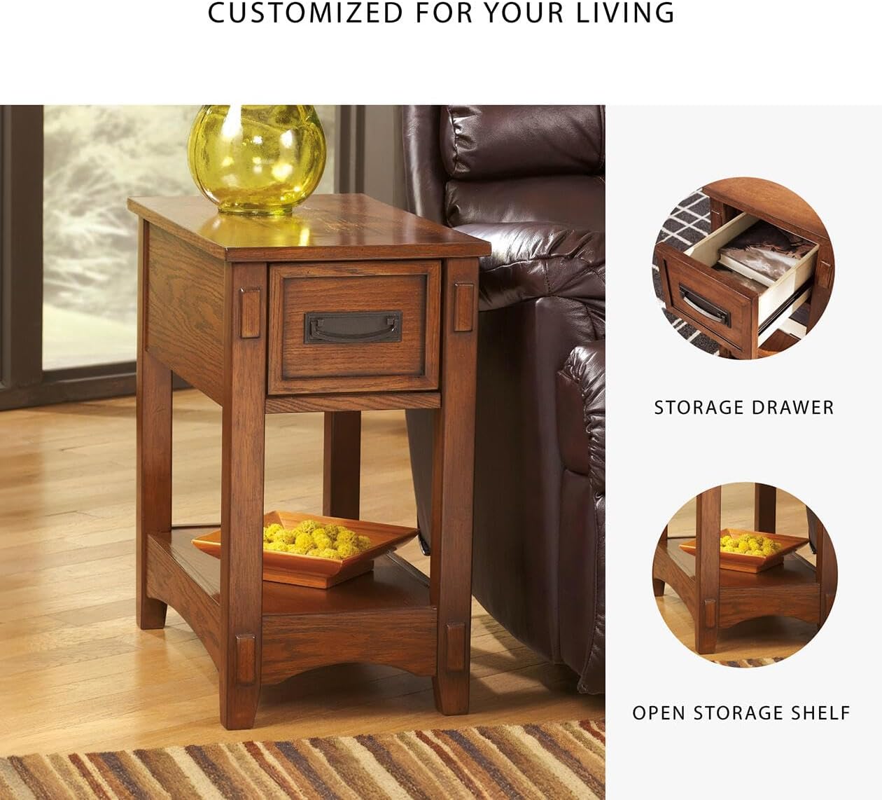 Signature Design by Ashley Breegin End Table With Drawer and Shelf, Mission-Style, Veneers and Wood Construction for Living Rooms and Bedrooms, 13' x 22'
