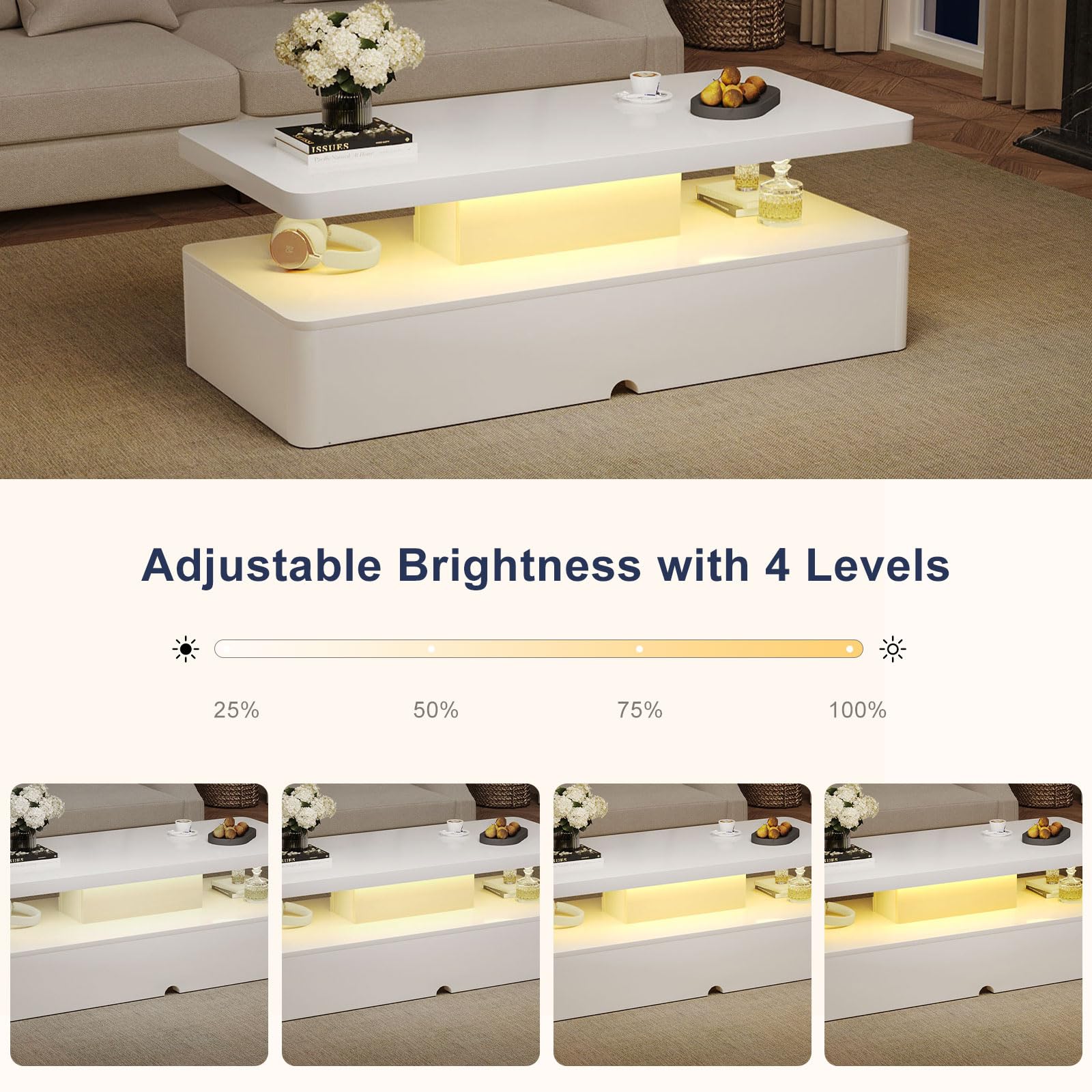 MXV Modern Coffee Table, 47 Inches Coffee Tables with 16 Colors LED Lights, 2 Tier Rectangular Center Table, Large Storage Space, High Glossy Wooden Tea Table for Living Room, Bedroom, Office, White