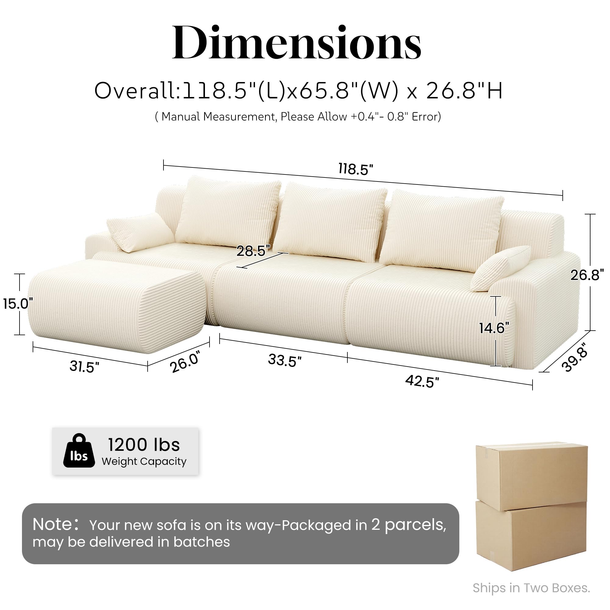 118" Modular Cloud Sectional Sofa with Ottoman