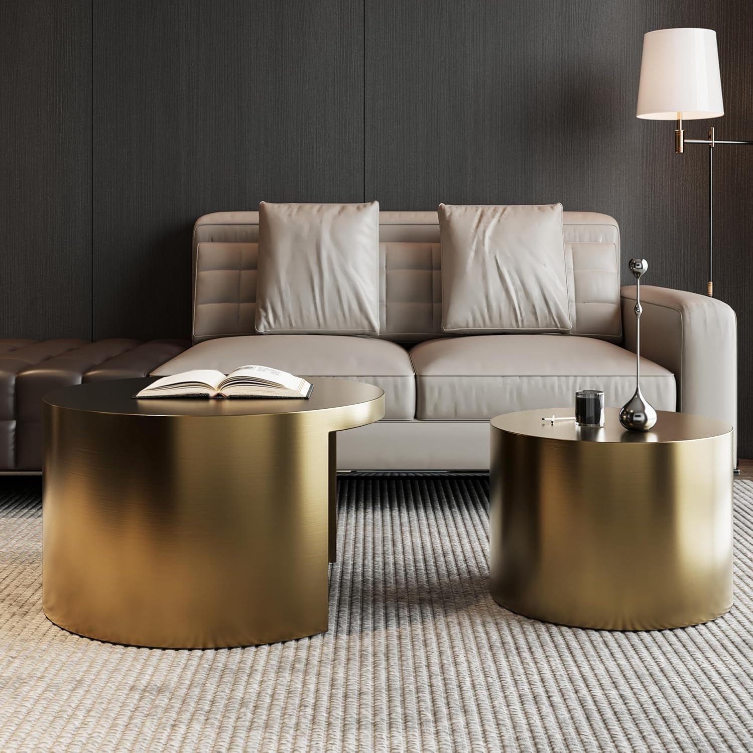 Round Nesting Coffee Tables – Set of 2, Brushed Gold Metal