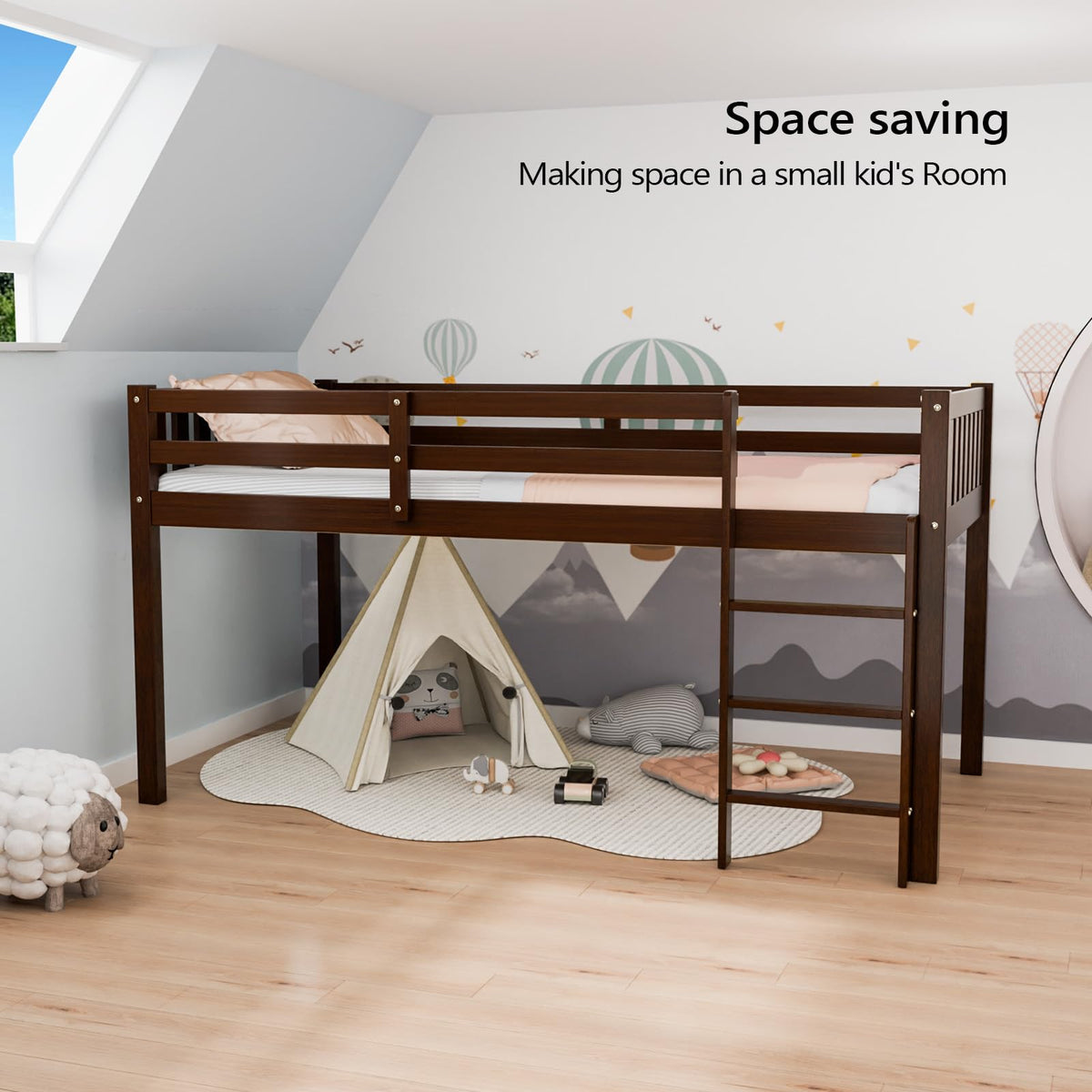 JOYMOR Low Loft Bed Twin Size with Stairs, Wooden Loft Bed for Kids, Junior，Young Teens，Pine Wood Twin Bed Frame, Space-Saving Design, No Box Spring Needed, Espresso