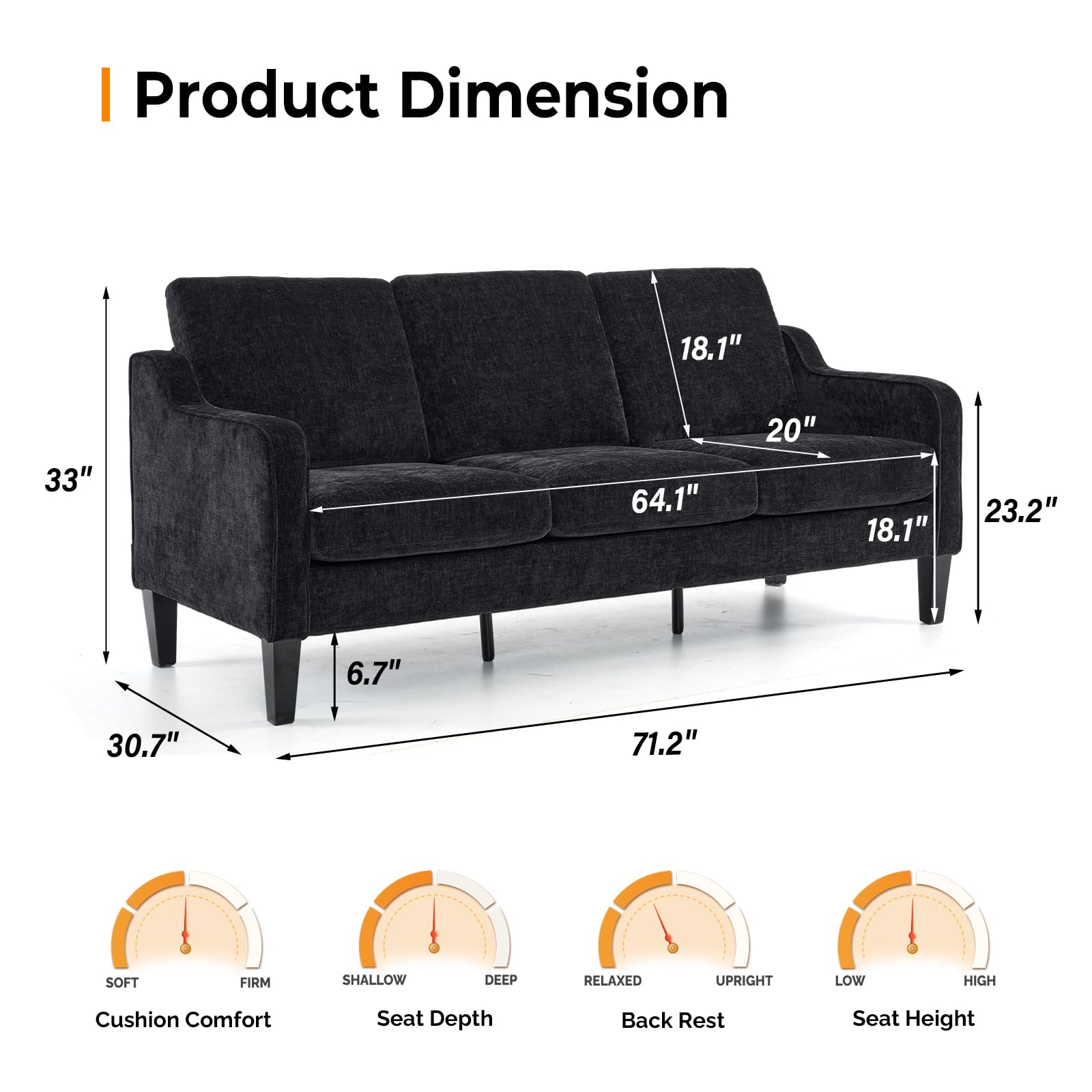VINGLI Loveseat Sofa Set for Living Room, Mid-Century Modern Couch and Love Seat Set,53" Loveseat+71" Small Couch for Bedroom Sofa Furniture for Small Spaces Apartment (Black)