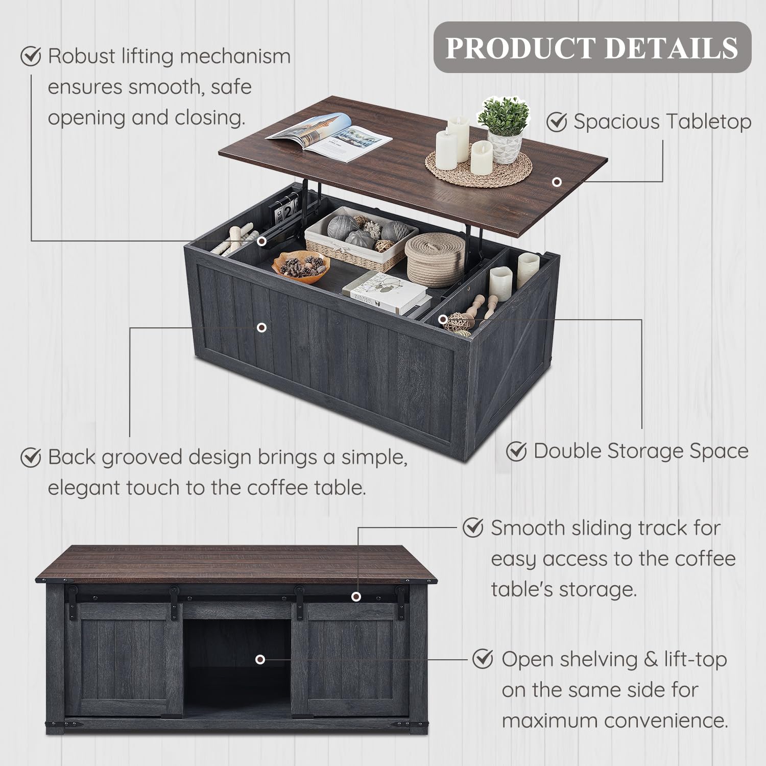 IFGET 48" Lift Top Coffee Table, Farmhouse Cocktai with Sliding Groove Barn Door, Rustic Wood Center Table w/Double Storage Spaces for Living Room, Dark Grey