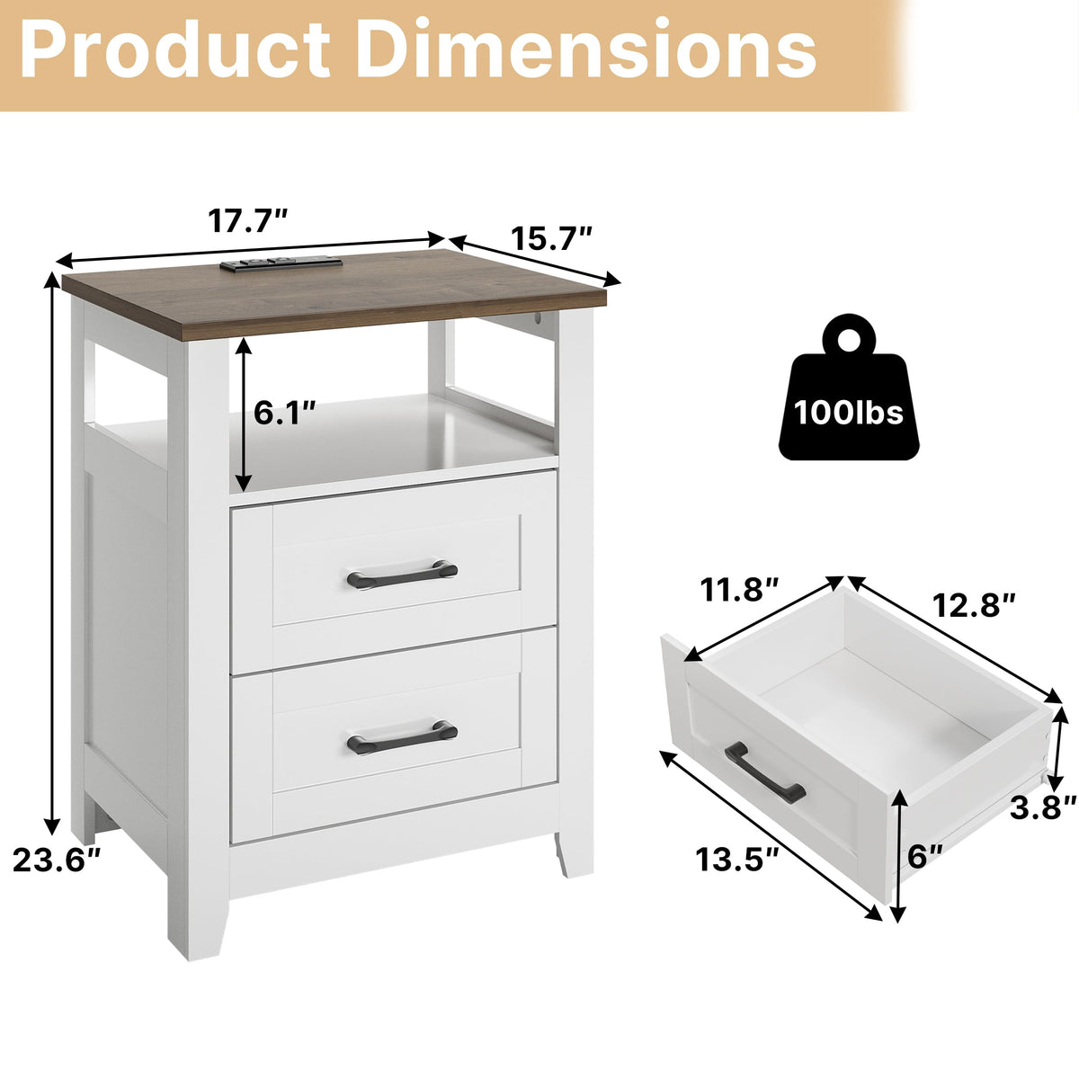 Decofy Farmhouse 2-Drawer Nightstand Set of 2 with Charging Station, White