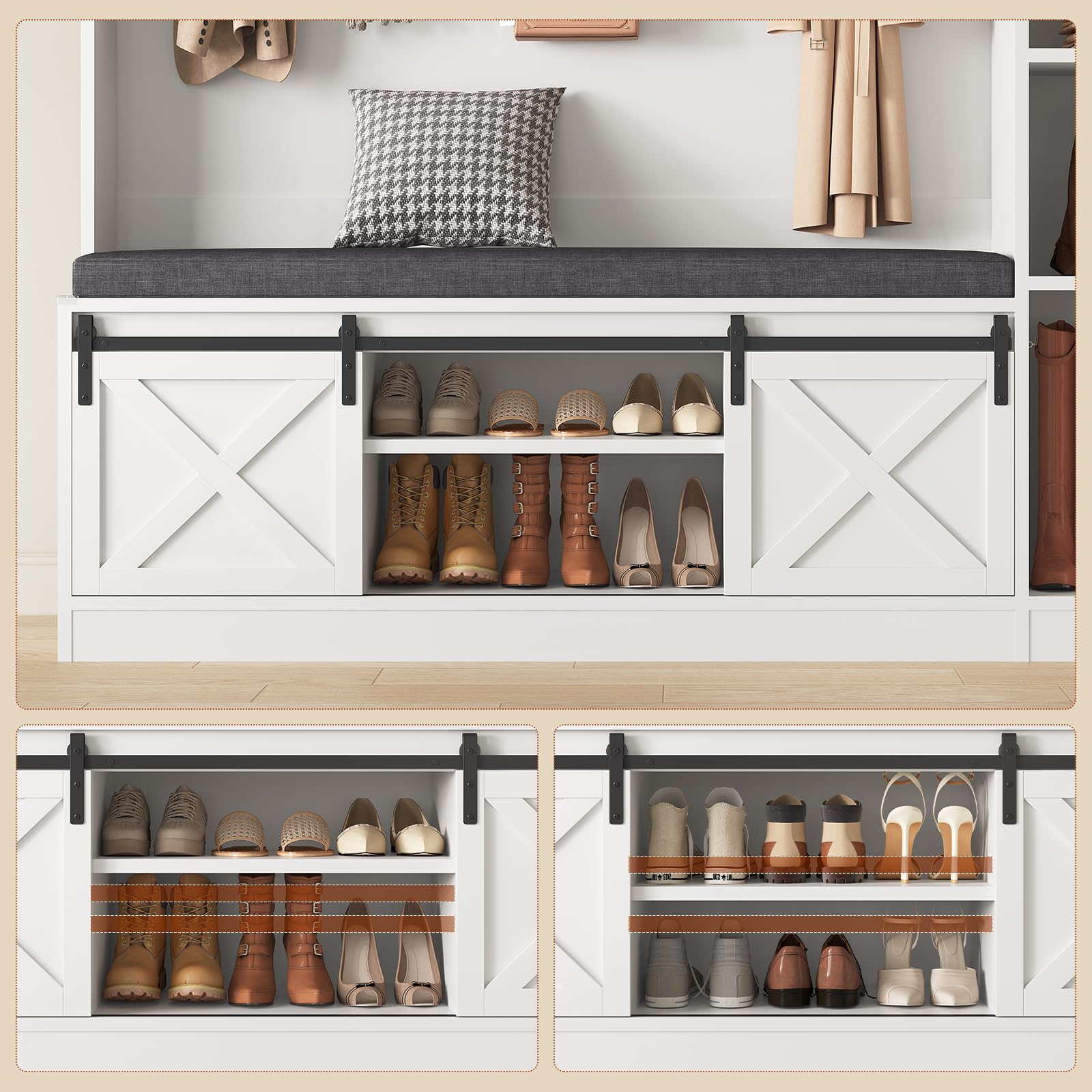 60IN Hall Tree with Bench, Shoe Storage & Mirror