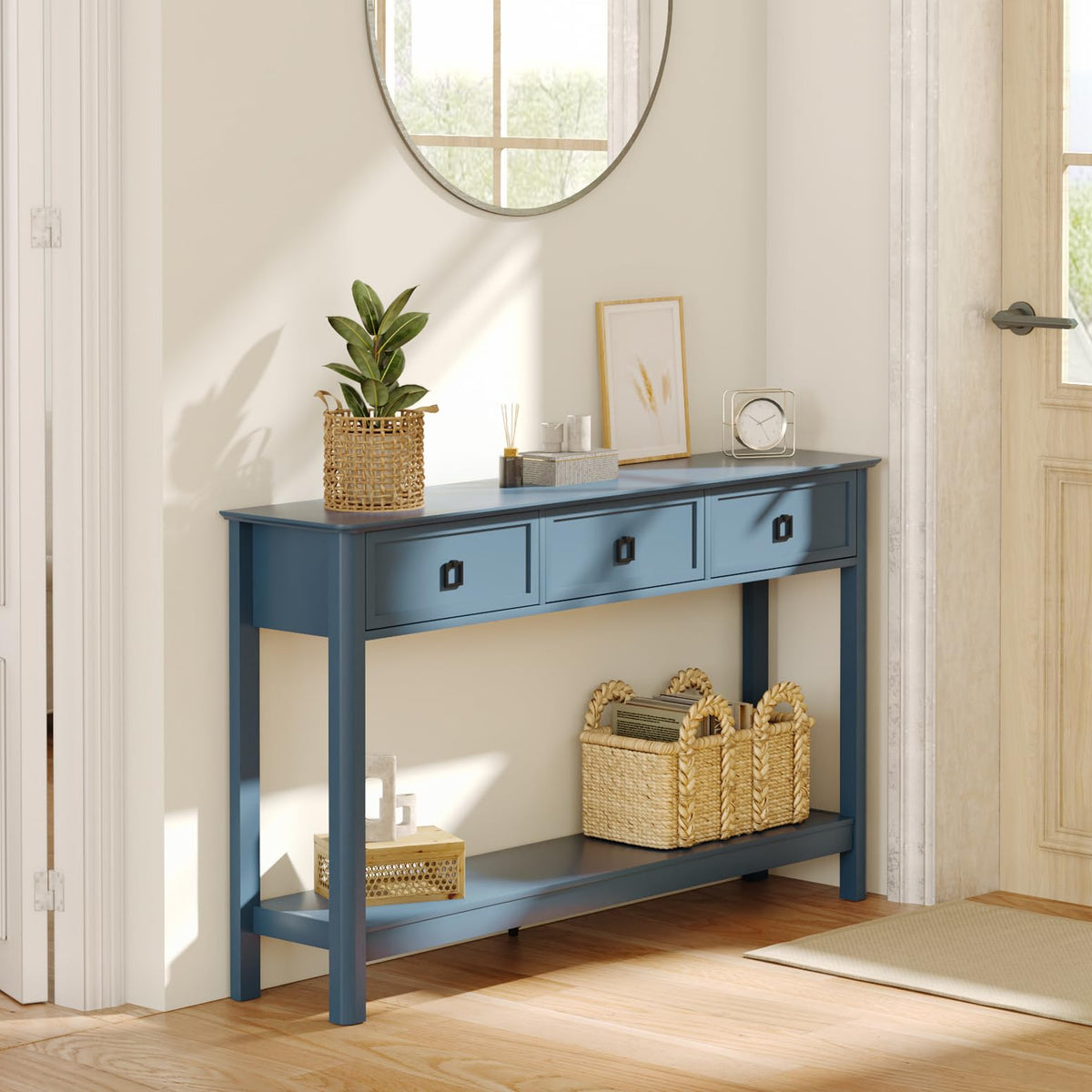 Blue Console Table with 3 Drawers