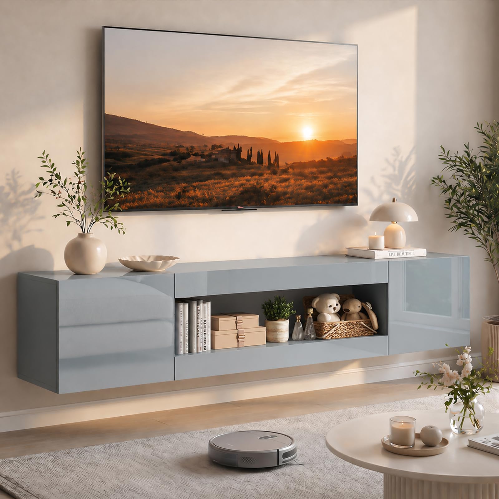 EAG 70" Floating TV Stand for TVs Up to 80", Modern Wall Mounted Entertainment Center with Storage, High Gloss Floating TV Shelf with Flip Doors, TV Floating Cabinet for Living Room (Gray)