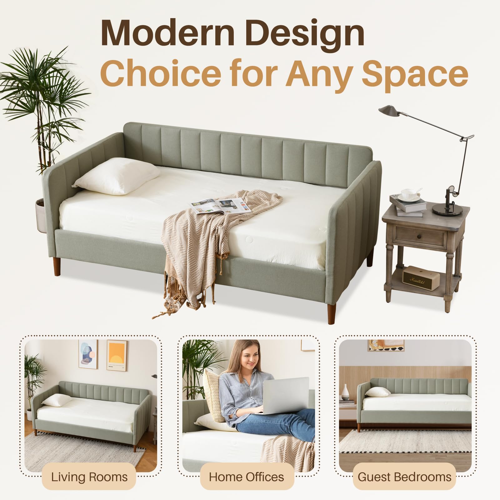Twin Upholstered Daybed with Adjustable Backrest & Wood Slats