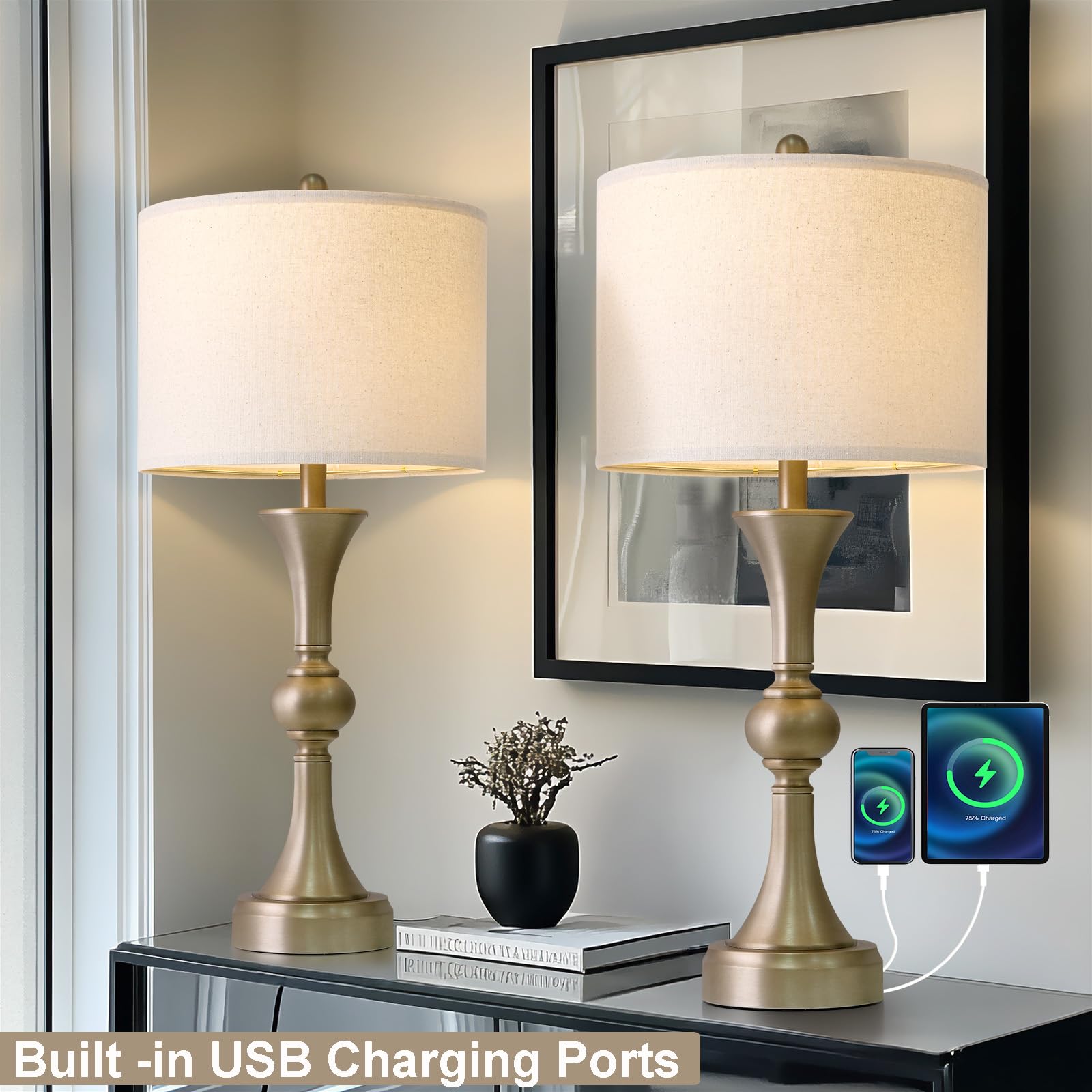 Oneach 28" Modern Table Lamps Set of 2 for Living Room, Warm Gold Bedside Lamps with USB Ports, Nightstand Lamps Set for Bedroom Farmhouse Lamp End Table Lamps (Bulbs not Included)