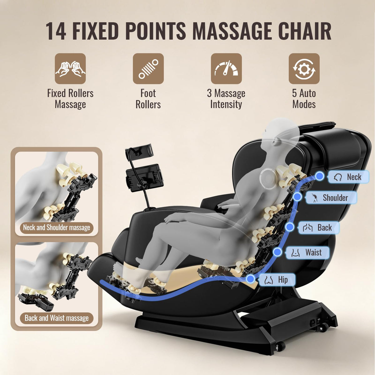 TLIFE Massage Chair Full Body Zero Gravity Recliner 14 Fix Rollers, Black