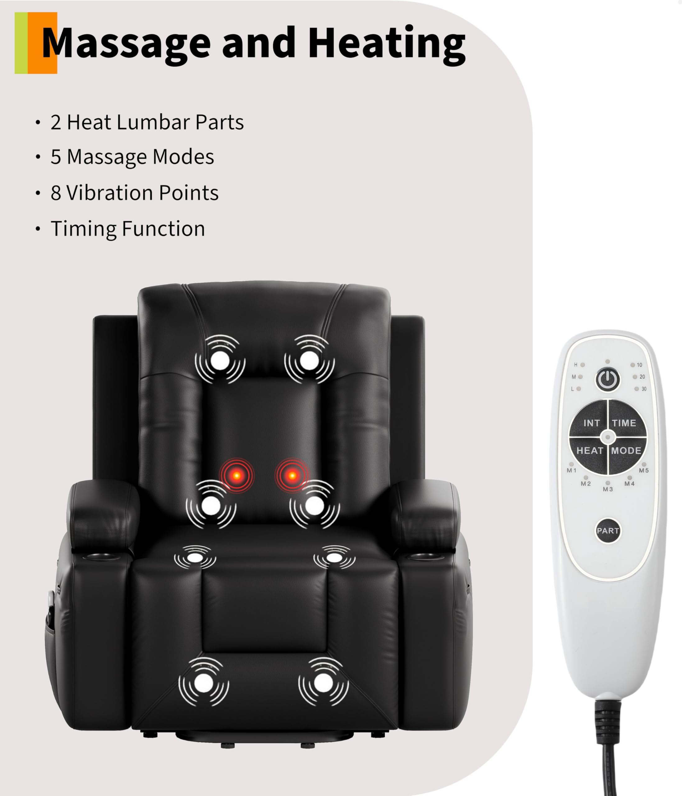 Garvee Oversized Power Lift Recliner Chair - Heat and Massage, PU Leather Electric Lift Recliner for Elderly & Mobility Impaired, Adjustable Back and Legs, Heavy Duty Lift Chair for Seniors