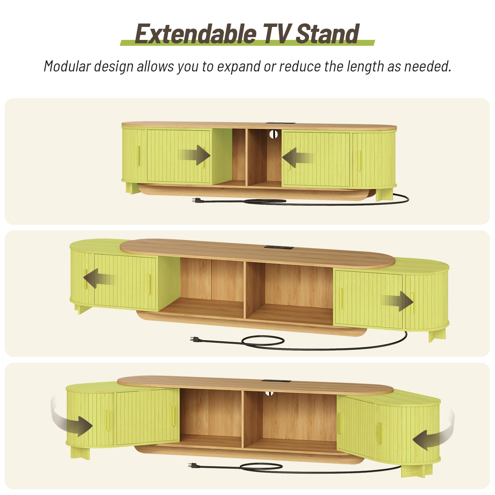 STHYTON Fluted TV Stand, Extendable TV Console with Power Outlet & LED Lights, Modern Entertainment Center with 2 Sling Doors for TVs up to 70", Storage Organizer, for Living Room and Bedroom, Natural