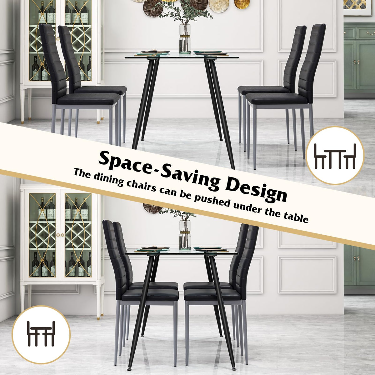 GIANTEX Dining Table Set for 4, Kitchen Table Chairs Set with 51” Rectangle Glass Table, 4 Padded Dining Chairs, Metal Structure, Dinette Table for Breakfast Nook, Living Room, Restaurant, Black