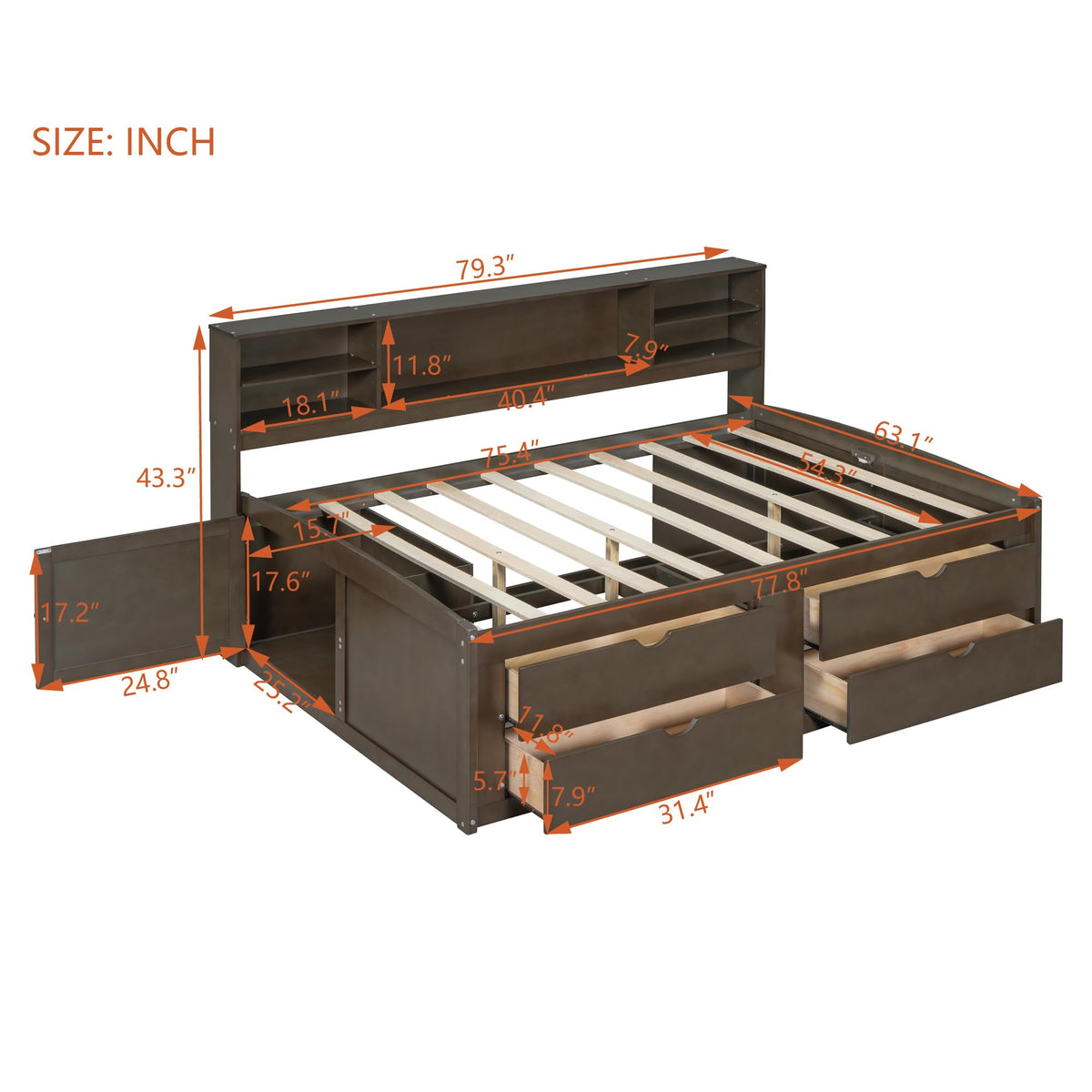 SOFTSEA Full Size Daybed with Storage Drawers and Bookcase Headboard, Wood Corner Bed with Storage Cabinets, Full Captains Bed for Small Space, No Box Spring Needed, Antique Brown
