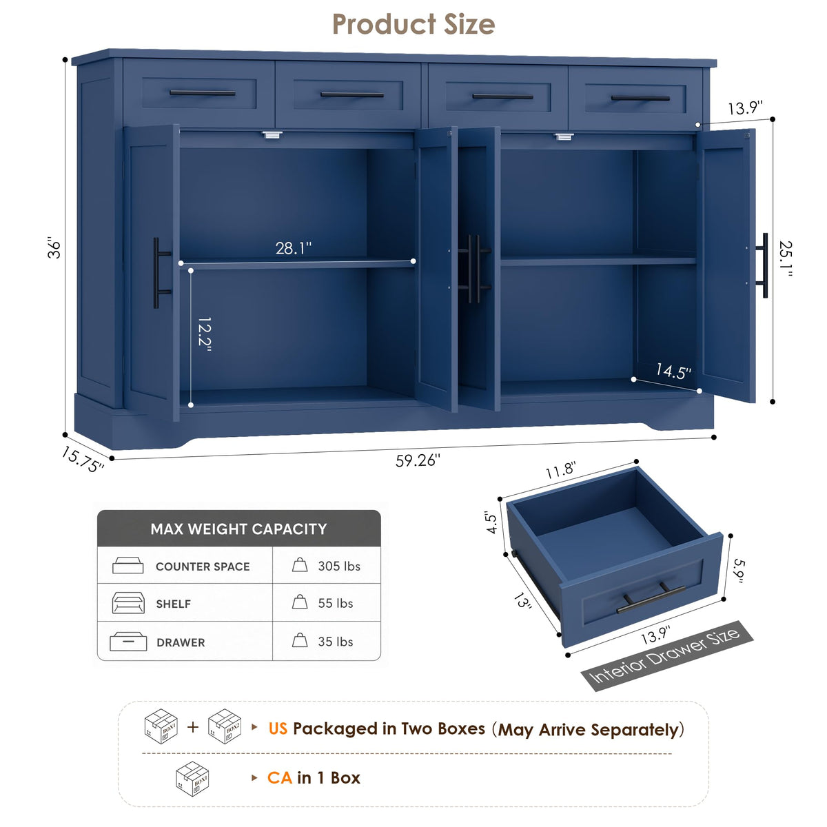HOSTACK 60" W Sideboard Buffet Cabinet with Storage, Kitchen Cabinet, Blue