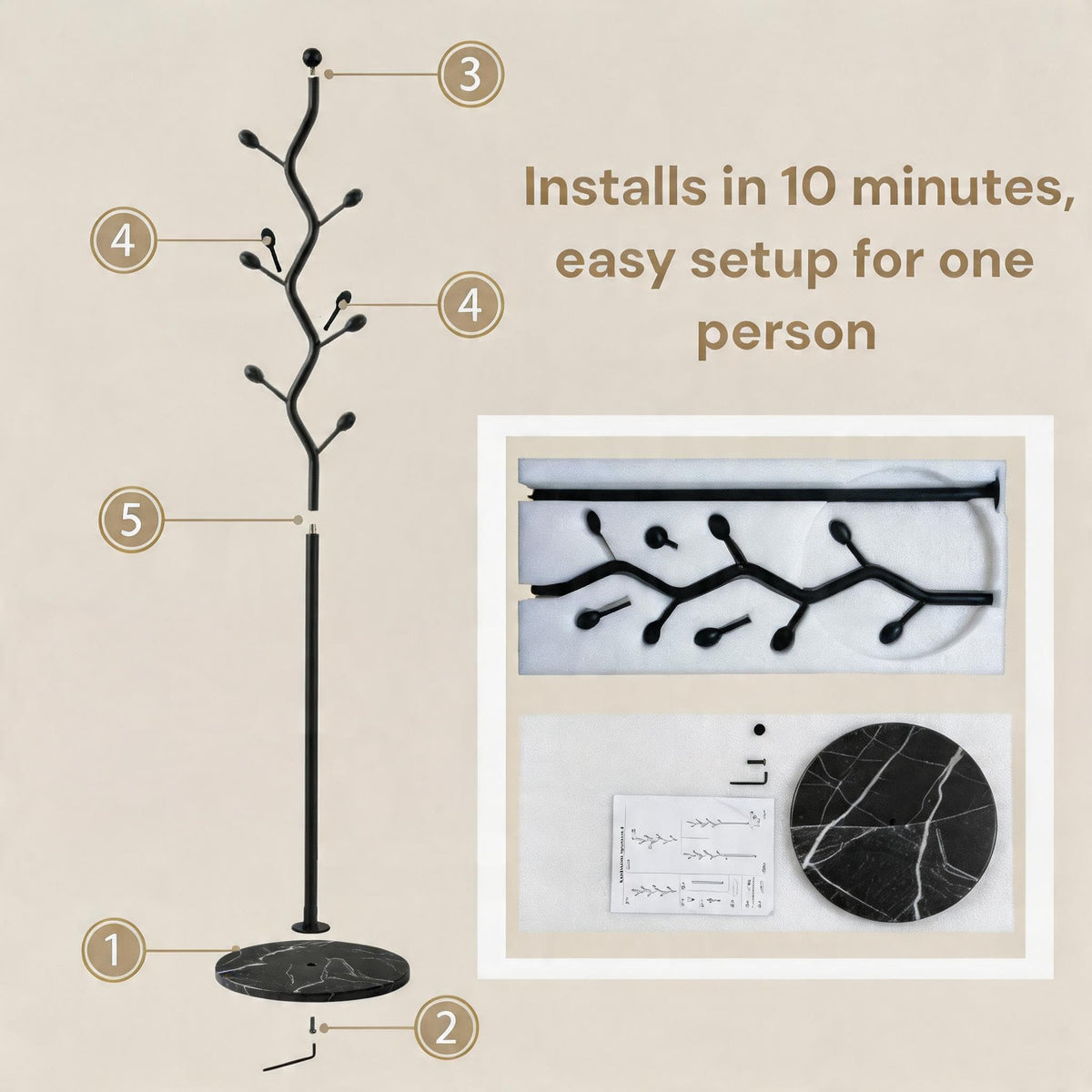 9-Hook Marble Base Coat Rack