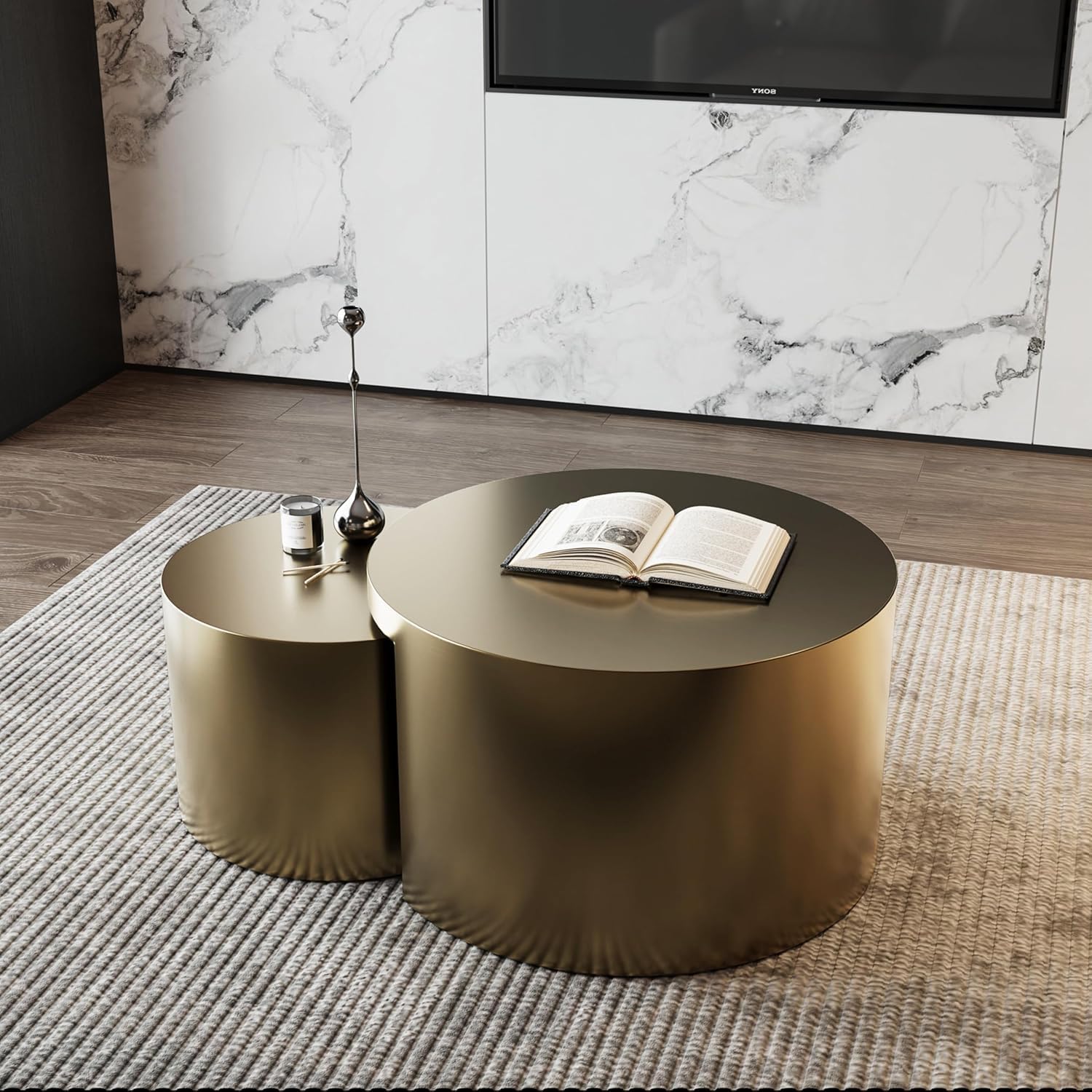 Round Nesting Coffee Tables – Set of 2, Brushed Gold Metal