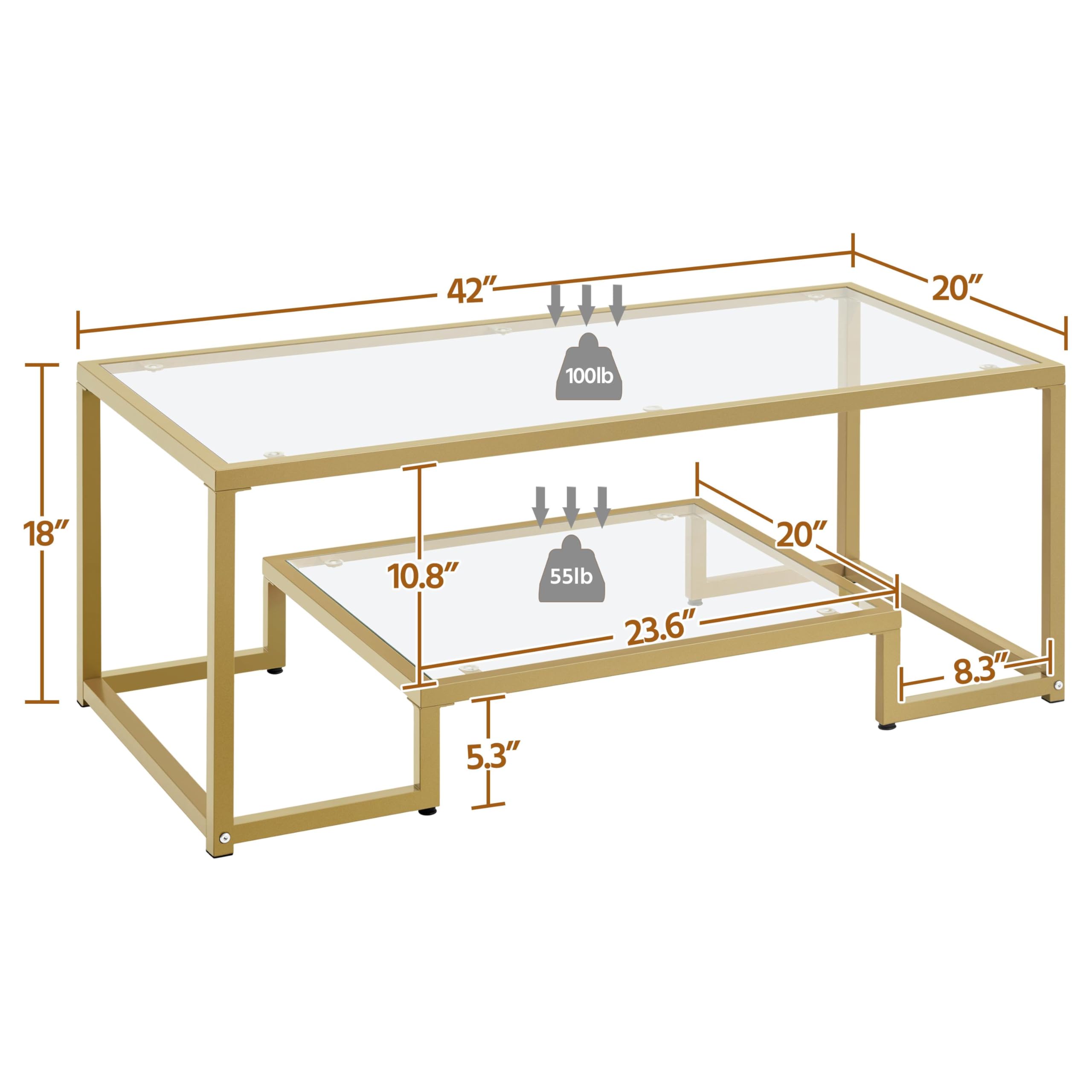 2-Tier Rectangular Glass Coffee Table with Metal Frame