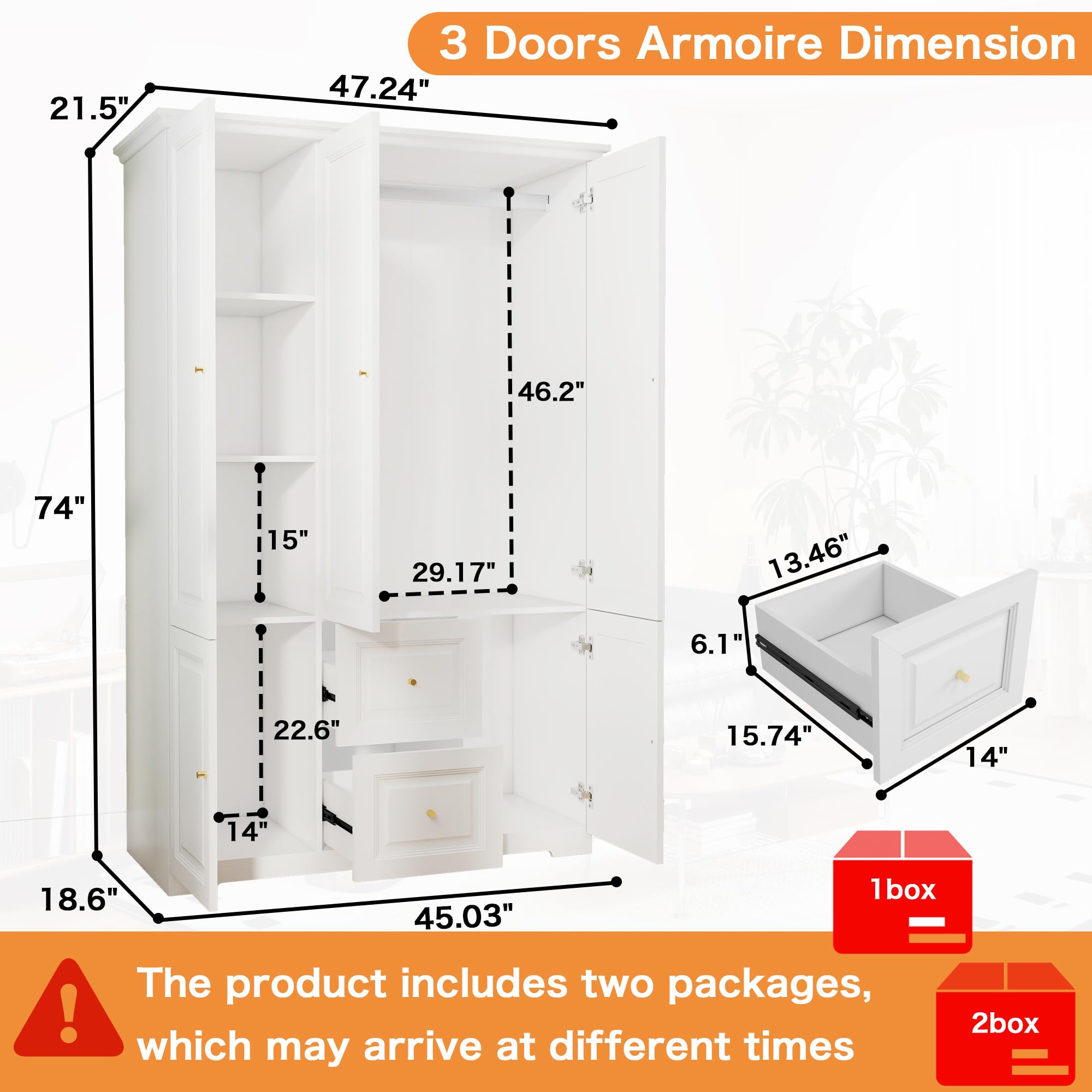 Wardrobe Armoire with Drawers, Hanging Rod & Shelves