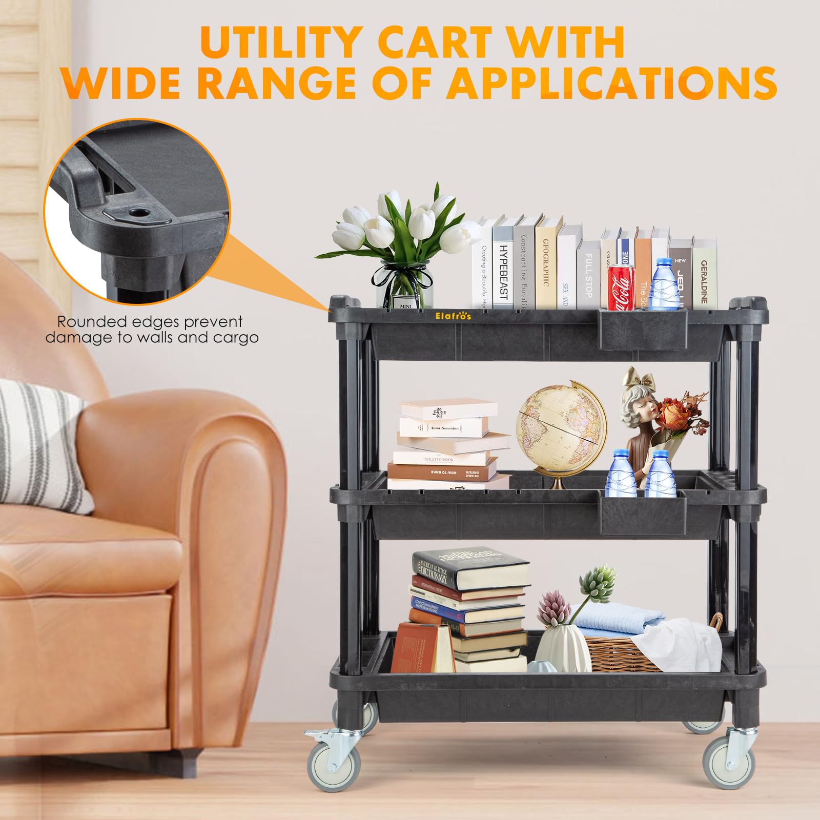 3-Shelf Rolling Utility Cart 500 lbs Capacity