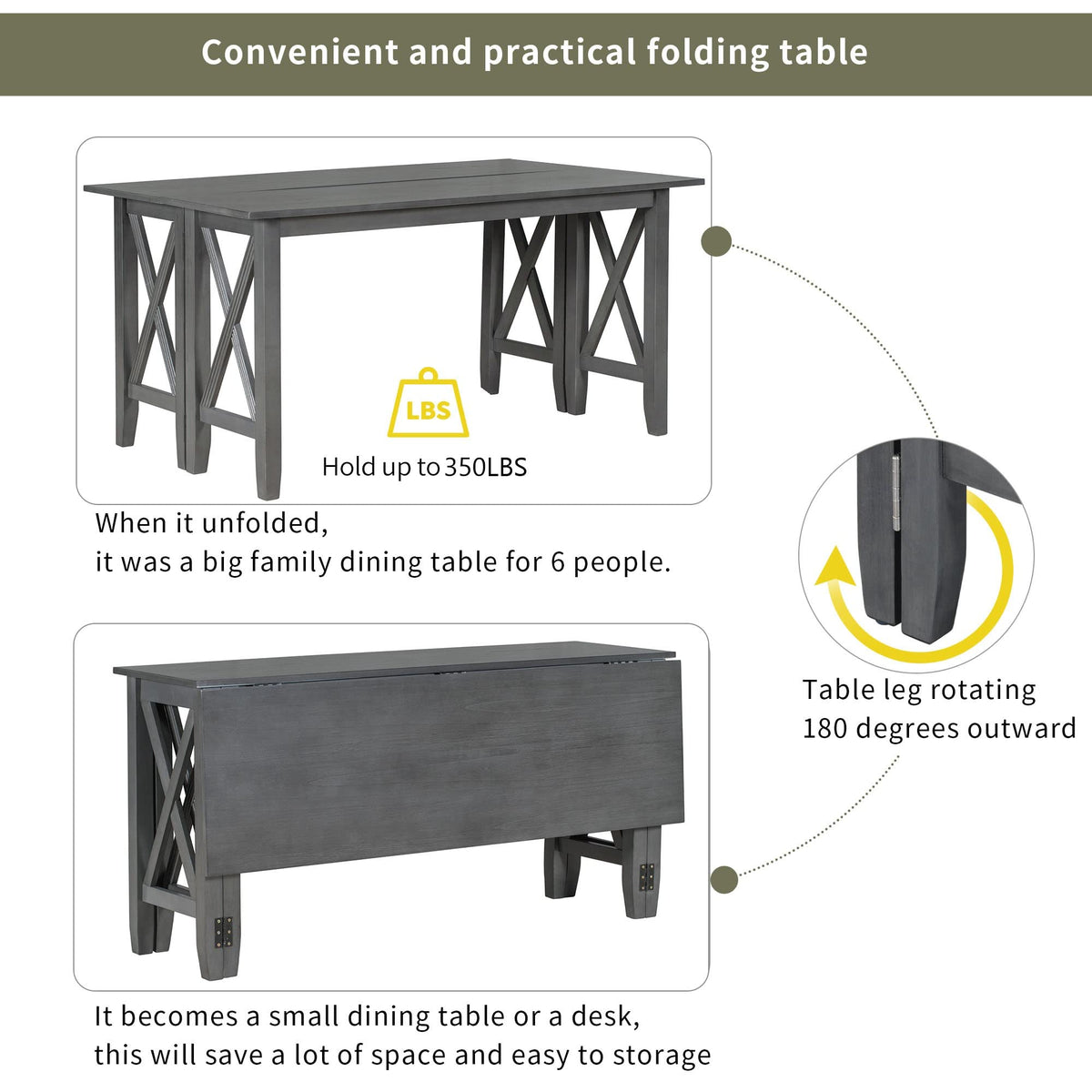 6-Piece Folding Dining Set with Bench