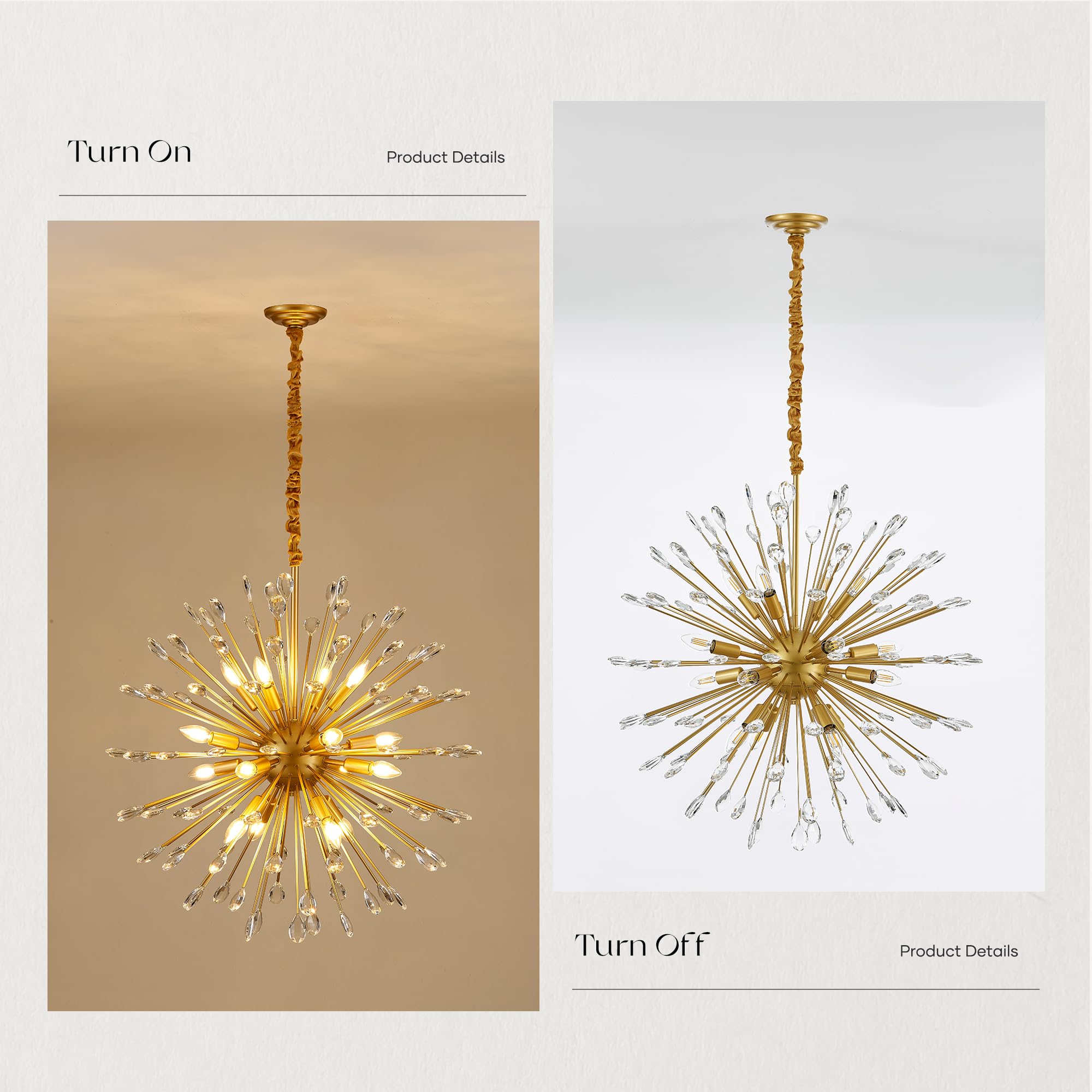 Aol furin 16-Light Gold Sputnik Chandeliers, 31" Starburst Firework Pendant Light fixtures, Mid-Century Modern Satellite Ceiling Lights for Dining Room, Kitchen, Bedroom, Living Room, E12