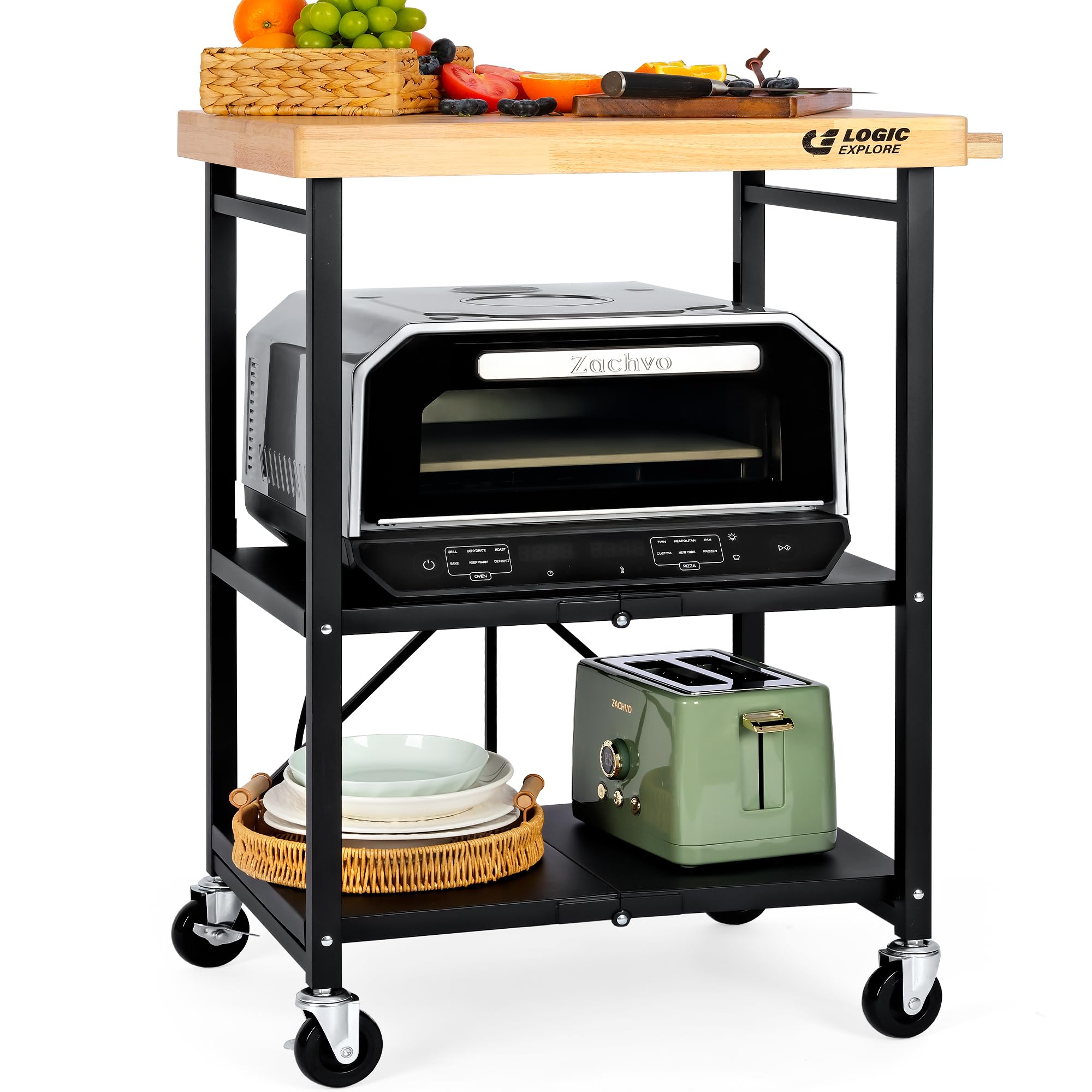Logicexplore Foldable Kitchen Storage Cart with Solid Oak Top, Heavy-Duty Metal Frame, 3-Tier Rolling Utility Rack, Kitchen Island on Lockable Wheels for Microwave, Toaster Oven & Food Prep