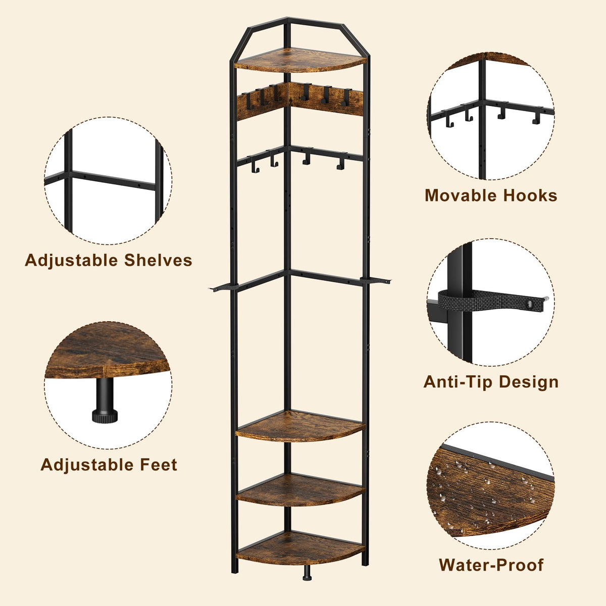 Corner Coat Rack with Adjustable Shelves