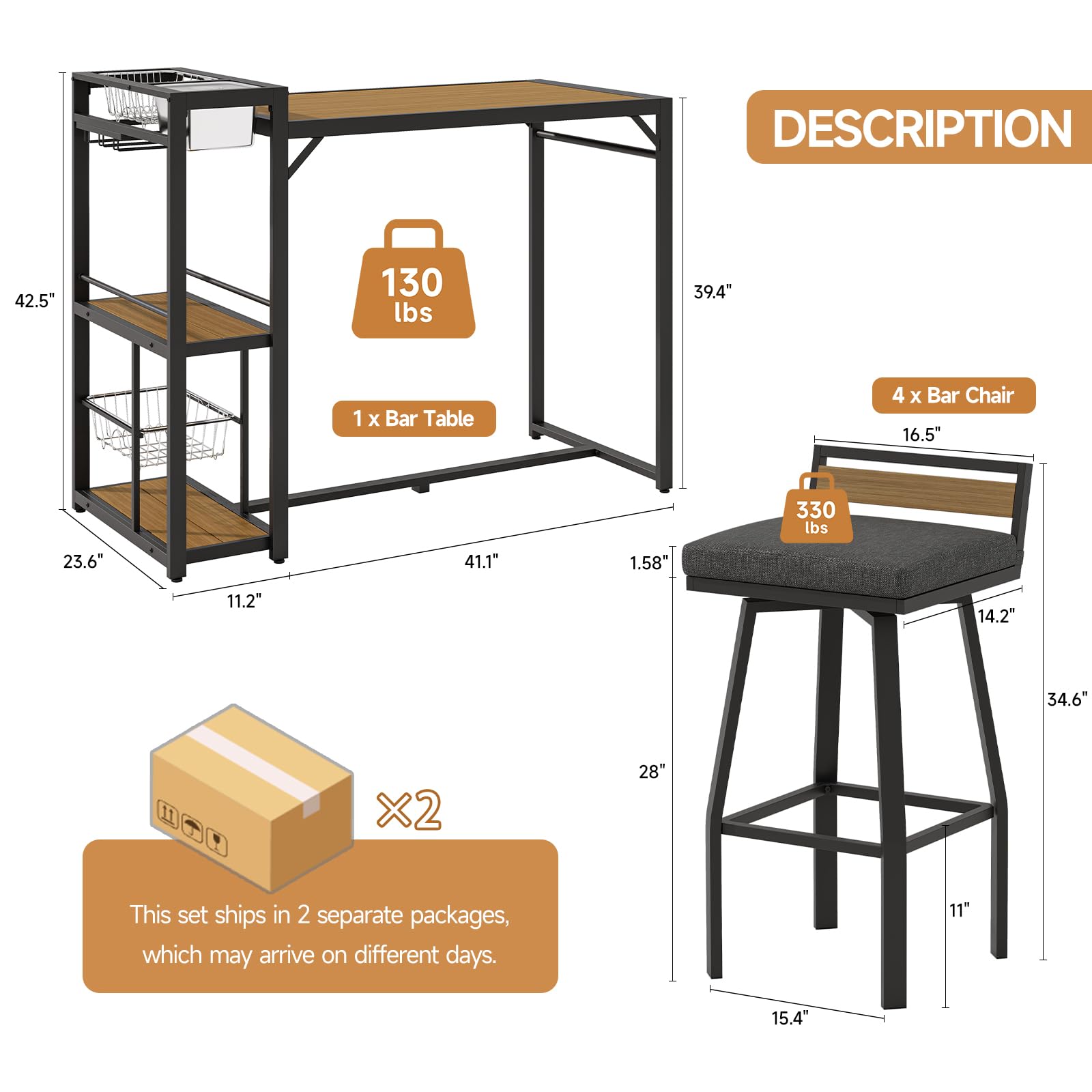 5-Piece Outdoor Patio Bar Set with Storage Shelves & Swivel Stools