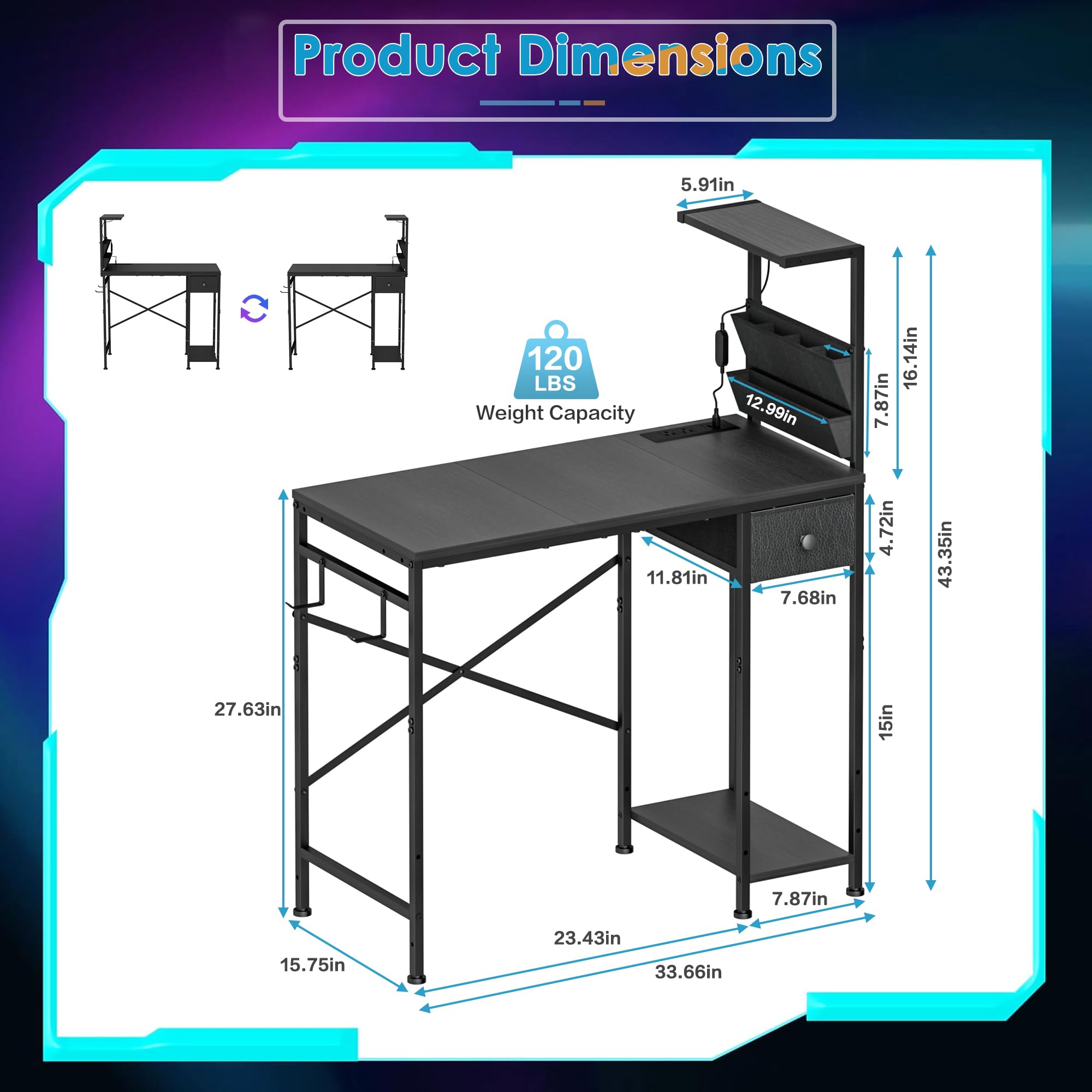 33.7 Inch Small Gaming Desk Table with LED Lights & Power Outlets, Compact L Shaped Gaming Computer Desk with CPU Stand, Drawer & Storage, Corner PC Desk for Kids, Home Office , Bedroom, Black