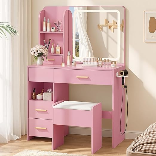 LED Makeup Vanity Desk with Mirror, Drawers & Storage Stool
