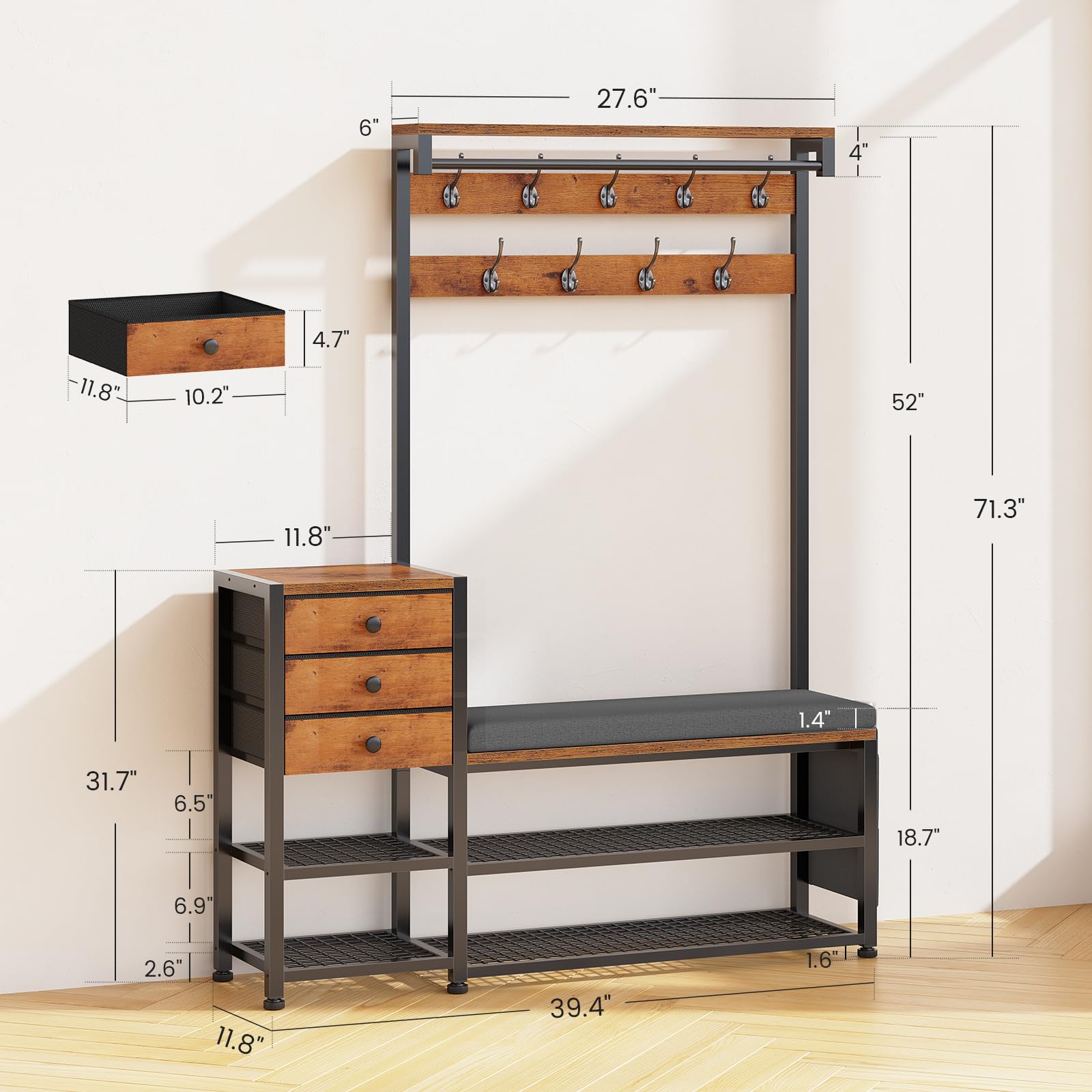 5-in-1 Hall Tree with Bench & Shoe Storage