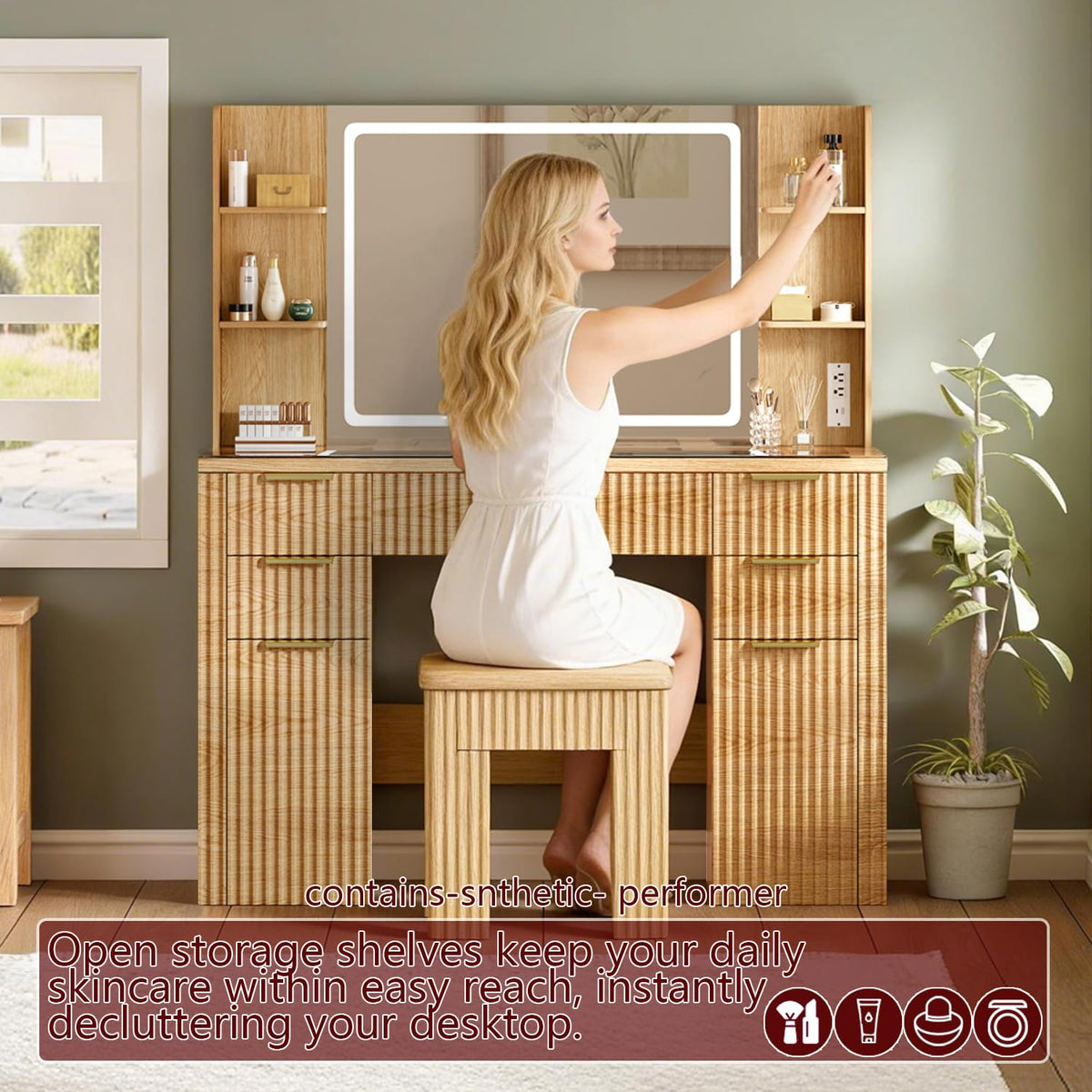 Fluted Makeup Vanity with Lighted Mirror