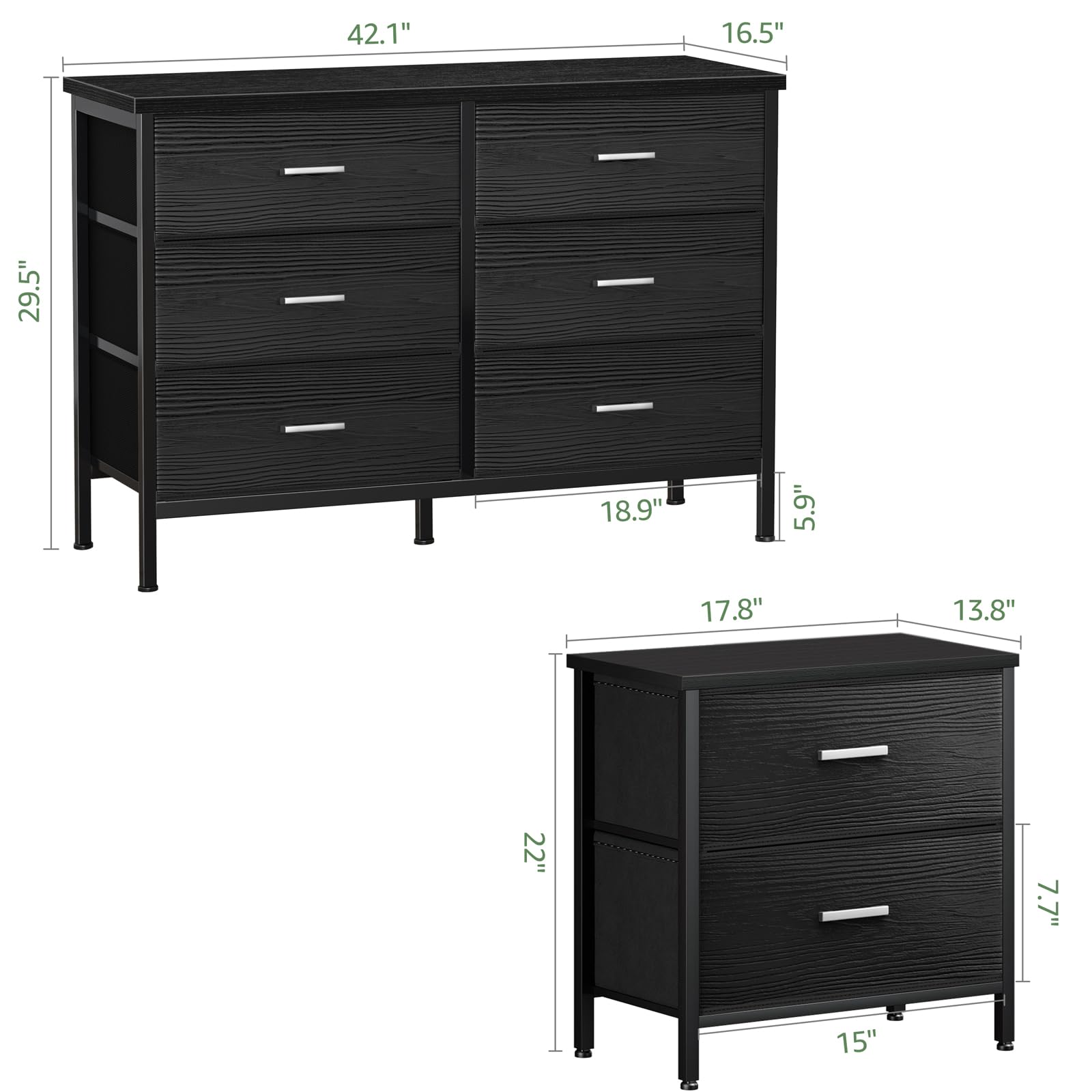 KAI-ROAD Bedroom Sets Nightstand Set 3 Piece Black with 6 Fabric Drawers Modern