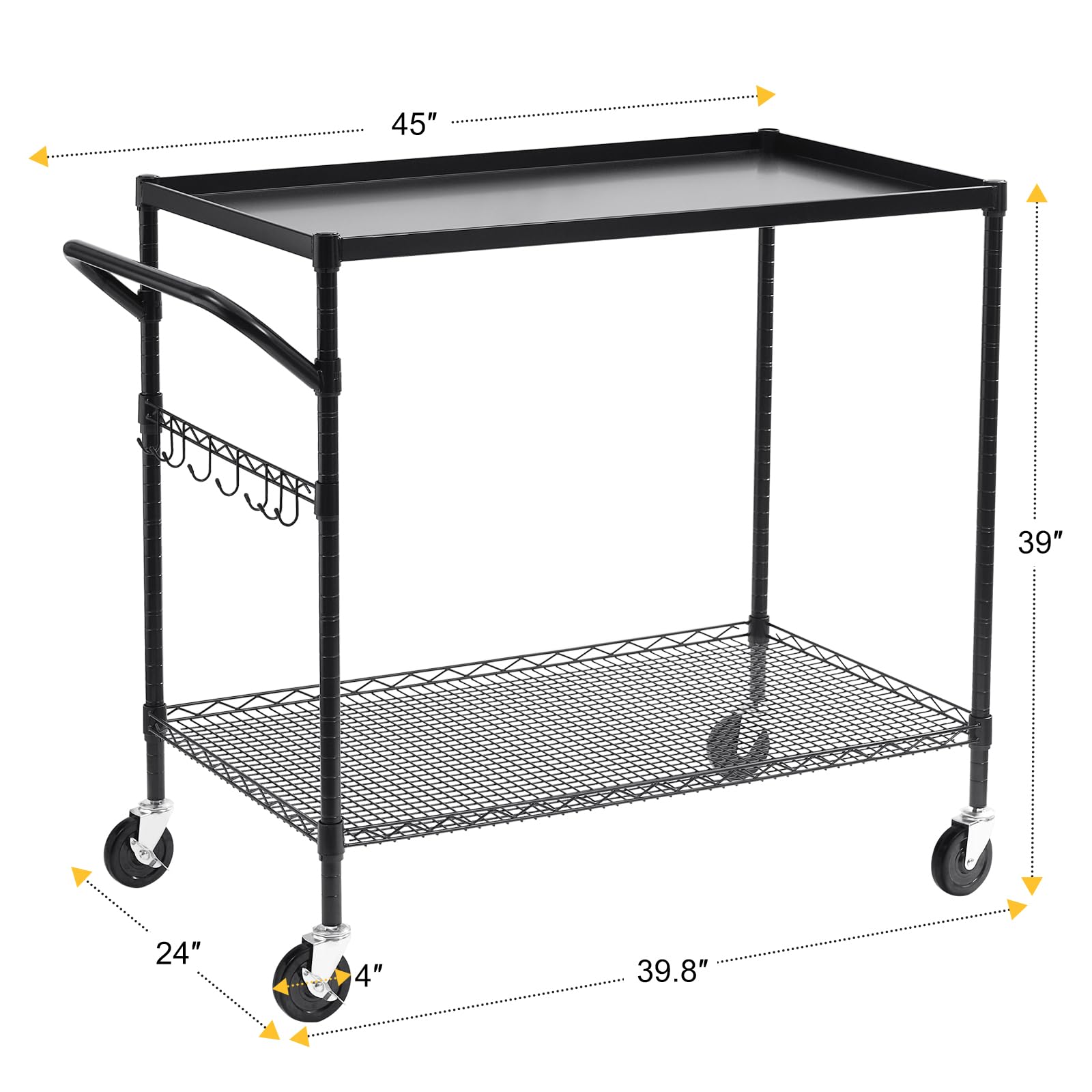 WDT 2-Tier Utility Cart with Wheels, Metal Cart with 1000LBS Capacity, NSF Heavy Duty Rolling Cart, Commercial Grade Serving Tool Storage Carts for Warehouse Garage Kitchen, 24"D x 40"W x 39"H, Black