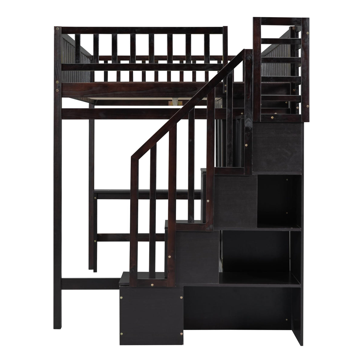 Full Size Loft Beds Stairway Loft Bed Frame with Wardrobe, Desk, Bookcase and Drawers, Espresso