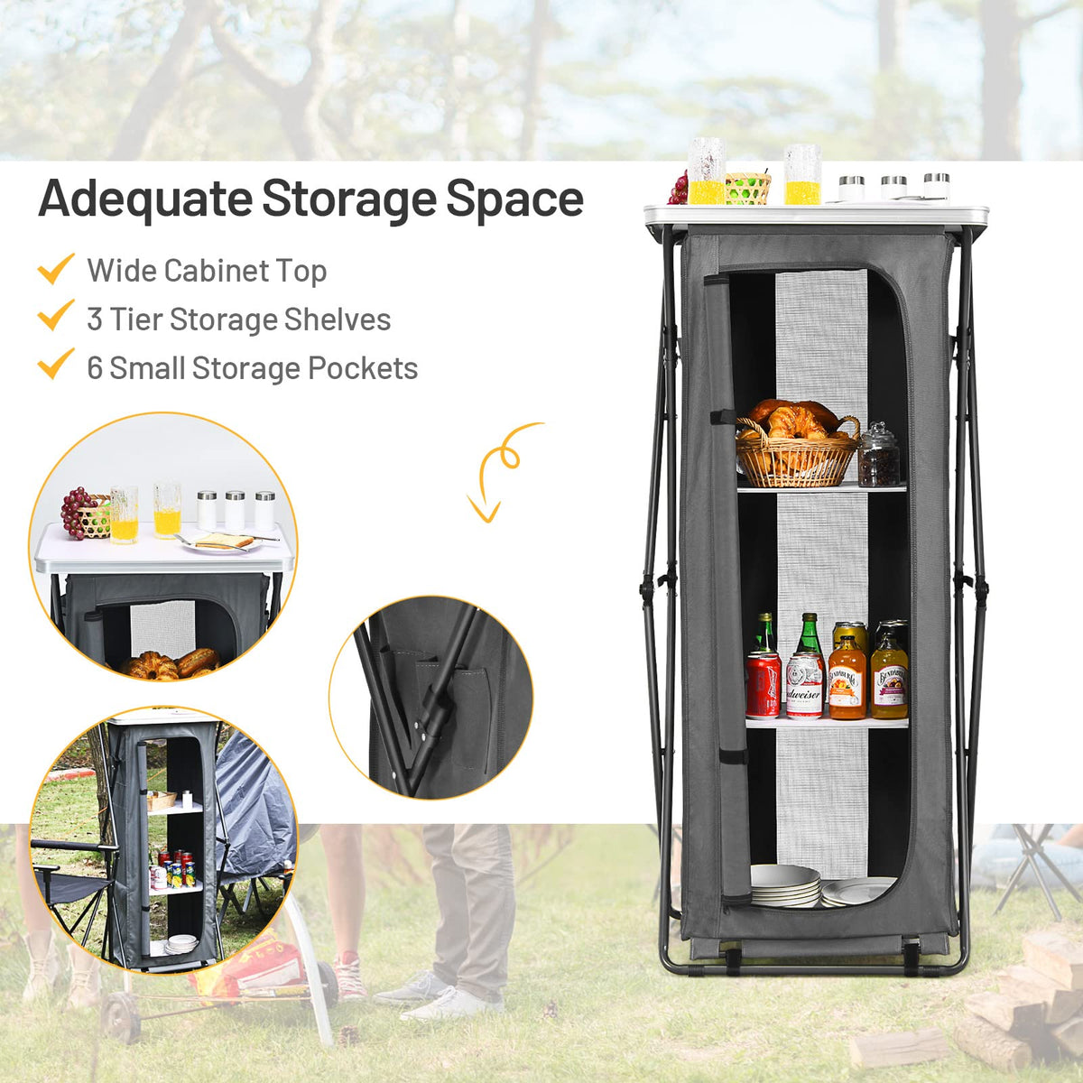 GIANTEX Folding Camping Storage Cabinet with 3 Shelves and Carry Bag, Portable Outdoor Organizer Kitchen Table, Quick Set-up for BBQ, Picnic, Backyard, Compact Pop-Up Cupboard, 55''H
