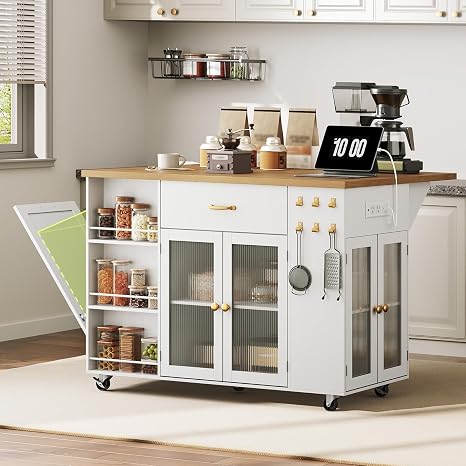 Rolling Kitchen Island with Drop-Leaf & Charging Station