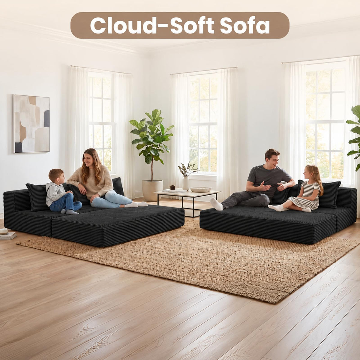AOLVDOW Convertible Sofa Bed, Boneless Couch Loveseat Sleeper Chair Bed with 2 Pillows,Corduroy Floor Futon Folding Sofa Bed for Living Room Bedroom Guest Room (Black, Loveseat)