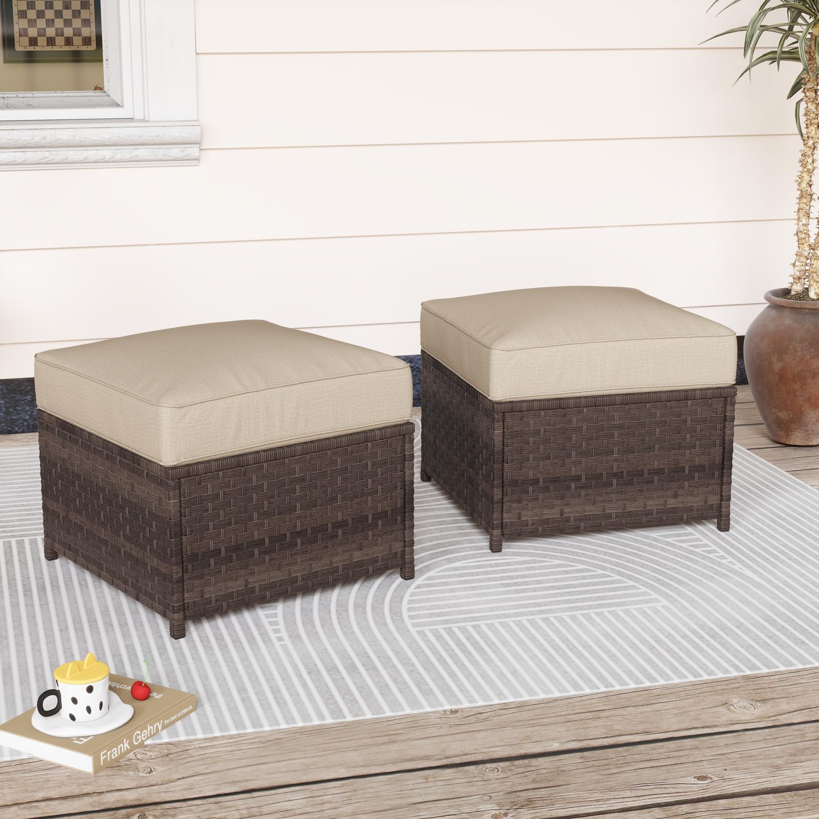 Outdoor Wicker Ottoman Set of 2 with Cushions