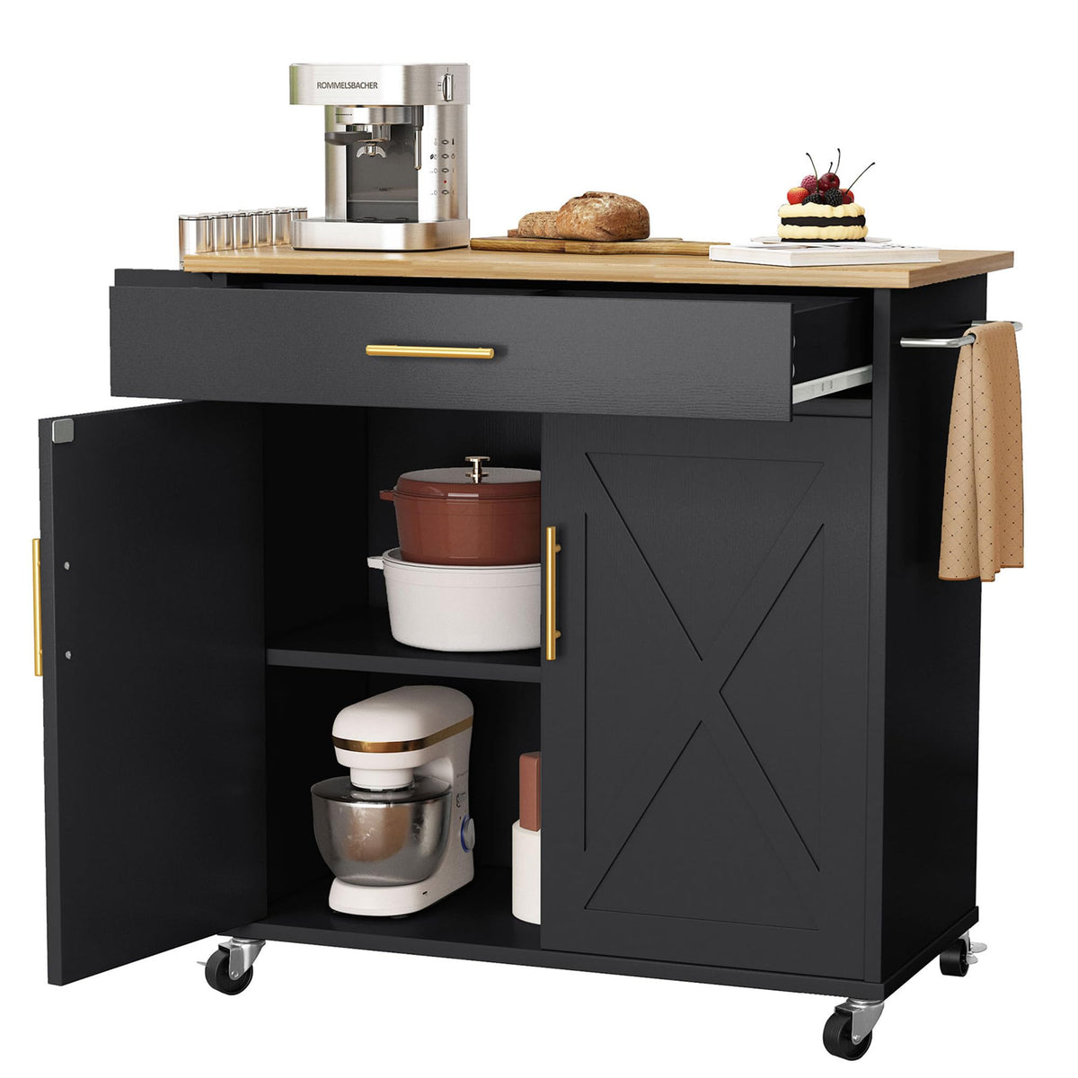 Chireca Kitchen Island with Storage, Rolling Island Table with Drop Leaf