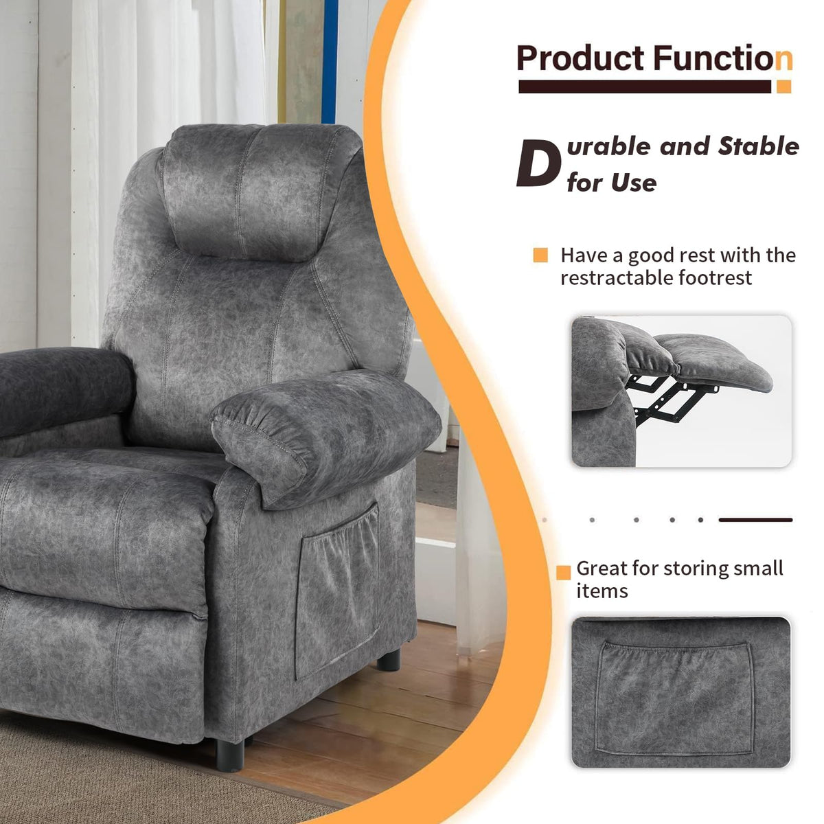 PushBack Massage Recliner Chair with Heat Small Reclining Single Sofa Grey