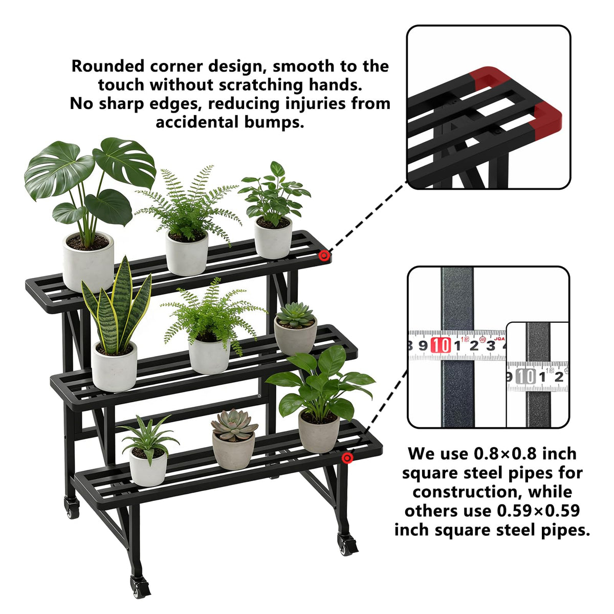 Umi.pzsy Metal Plant Stand with Wheels, 3-Tier Plant Rack