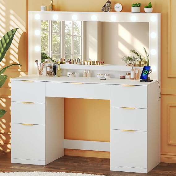 Vanity Desk with Mirror, Lights & Storage