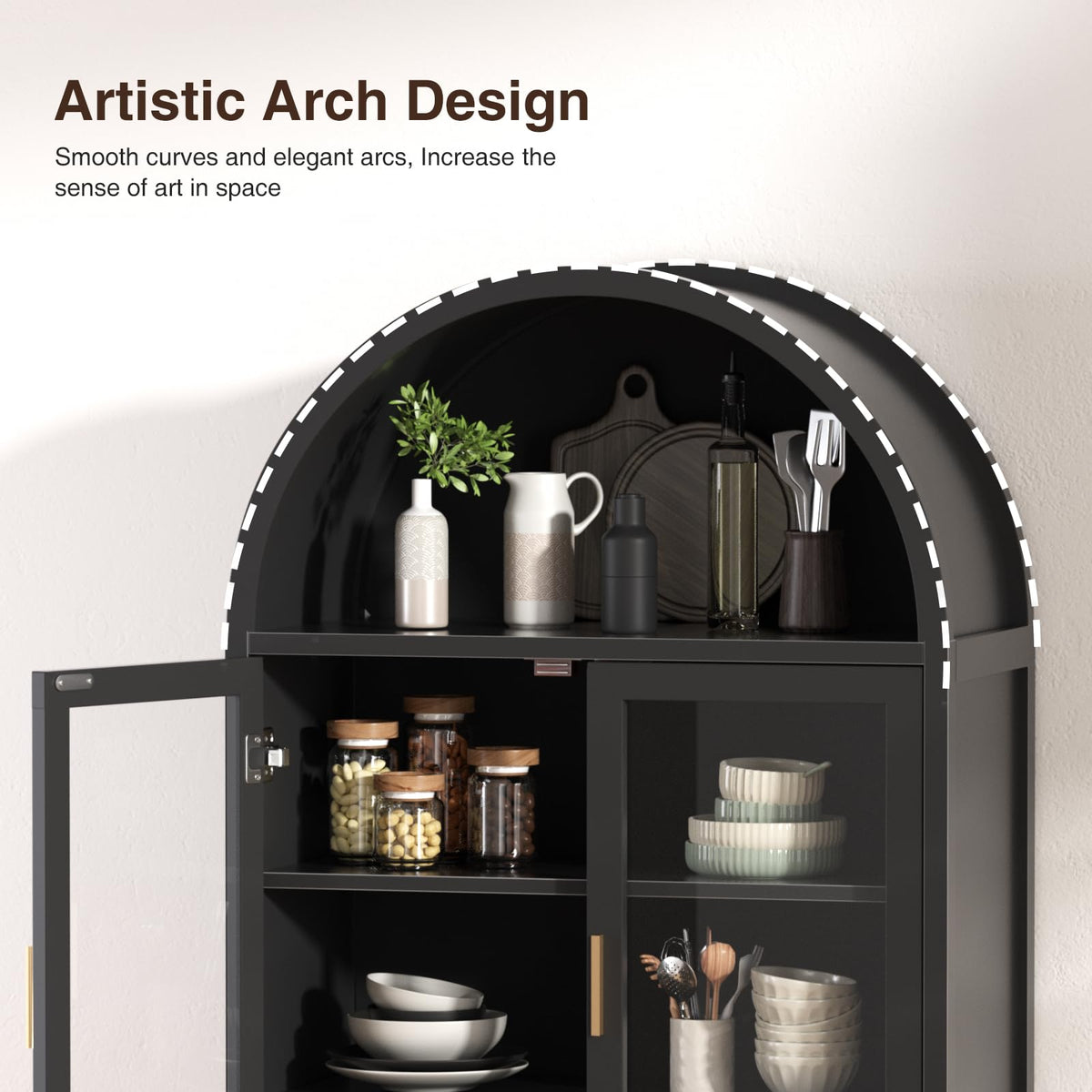 FiveWillowise Kitchen Pantry Cabinet with Glass Doors, Arched Design, Black