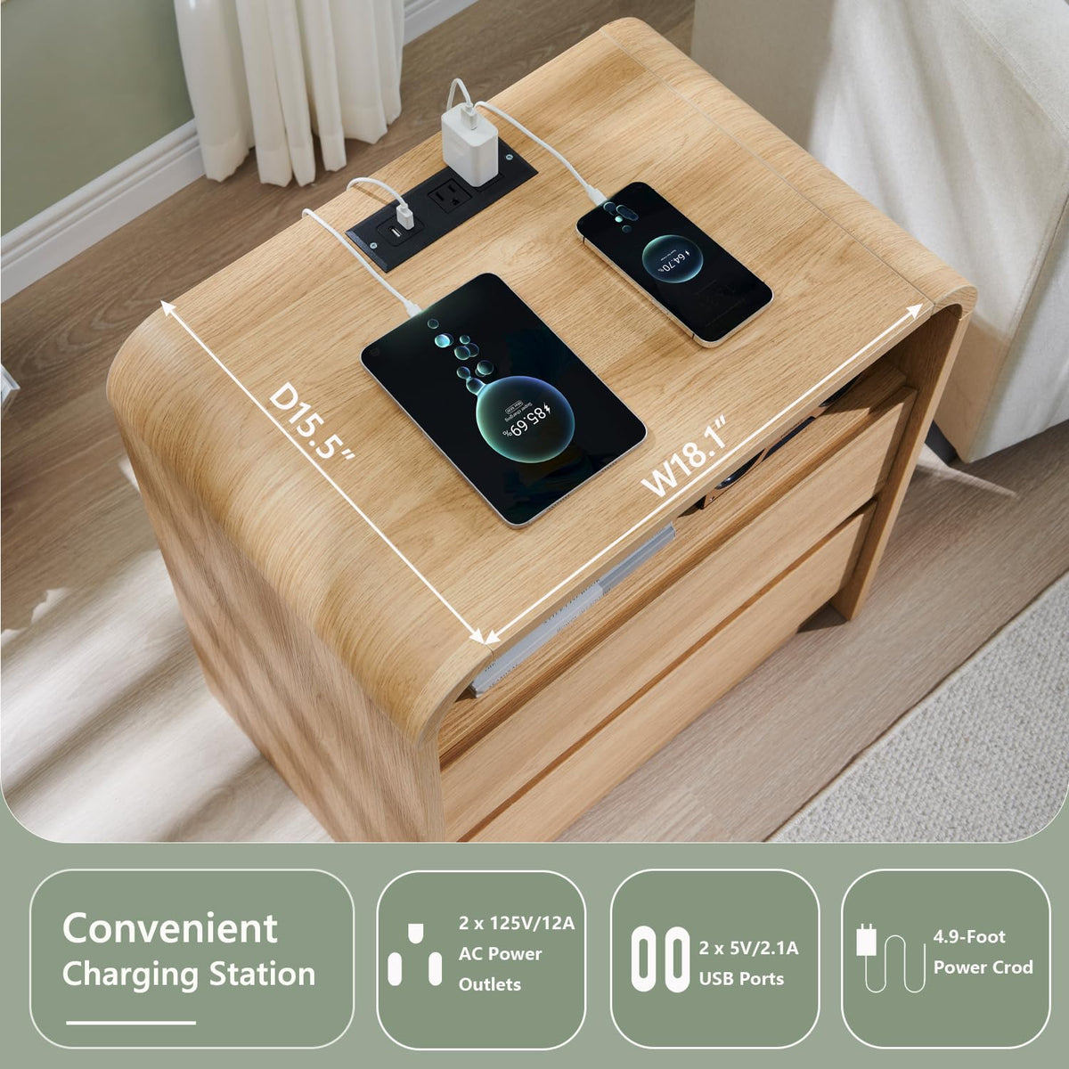 Aitjunz 25" Tall Modern Nightstand Set of 2, Wood Bedside Table,Natural Oak