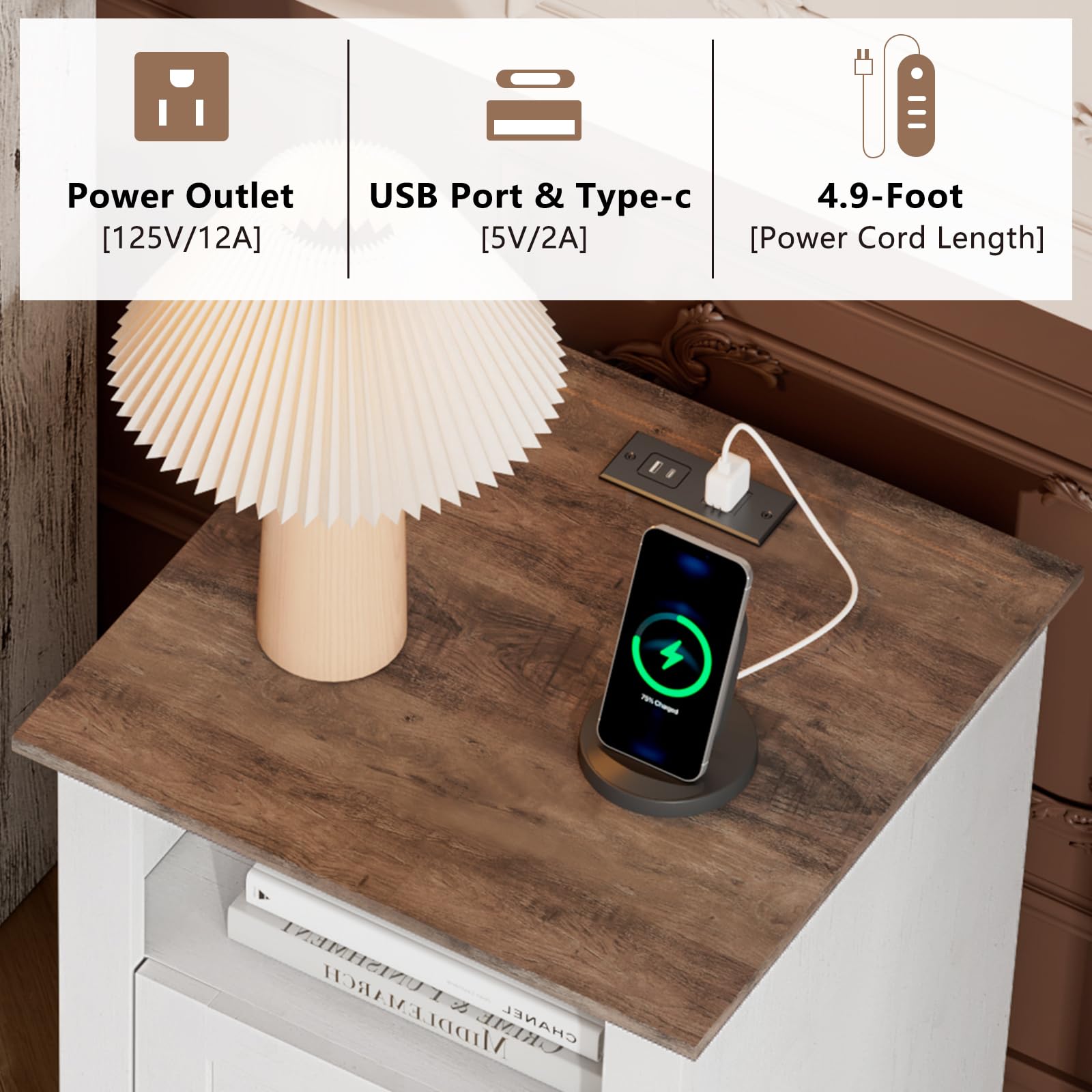 LUXOAK Farmhouse Nightstand Set of 2 with Charging Station, End Tables with 2 Storage Drawers & Open Shelf, Rustic Wood Bedside Tables for Bedroom, Living Room & Office, White/Barnwood