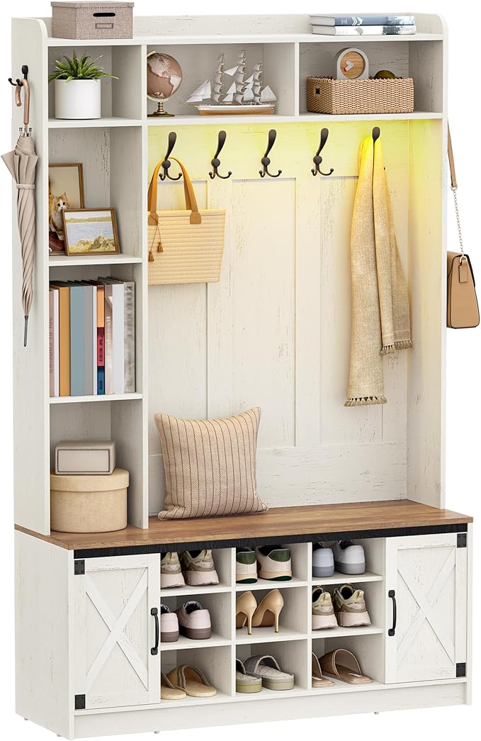 LED Farmhouse Hall Tree with Bench & Shoe Storage