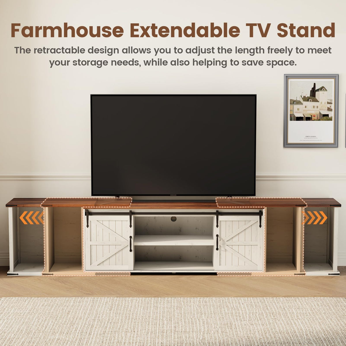 ALLSTAND Extendable TV Stand, Entertainment Center for 85 95 105 Inch TV, Farmhouse TV Stand with Large Capacity Storage and Sliding Doors, Media Console for Living Room, Length 86"-113", White