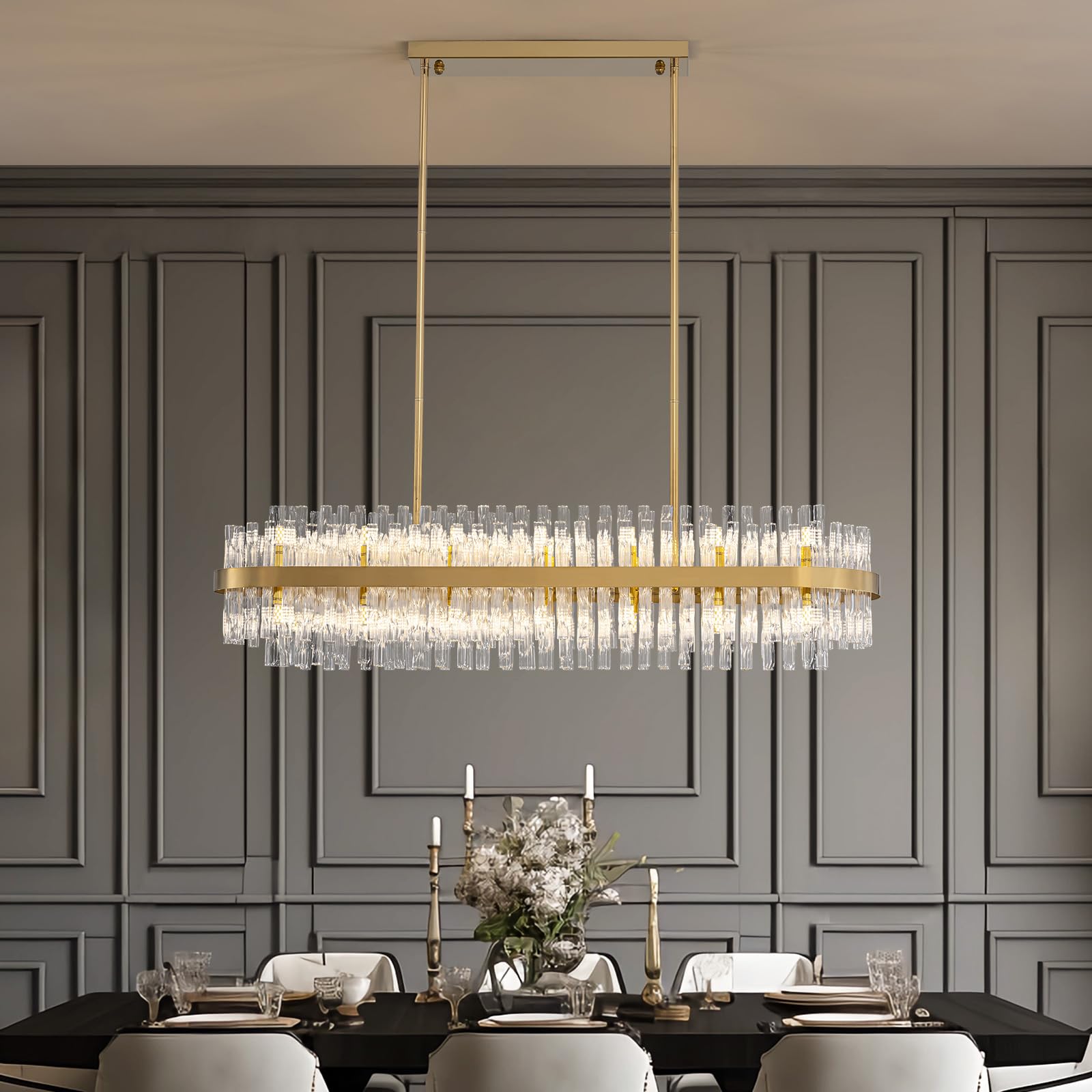 WECHAET 28-Light Modern Gold Rectangle Chandeliers for Dining Room Kitchen Island Light Fixture, 2 Tiers Wave Crystal Glass Chandelier for Living Room, L45.7''